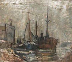 "Harbor", large oil on canvas by an unknown artist, Yugoslavia 1960s