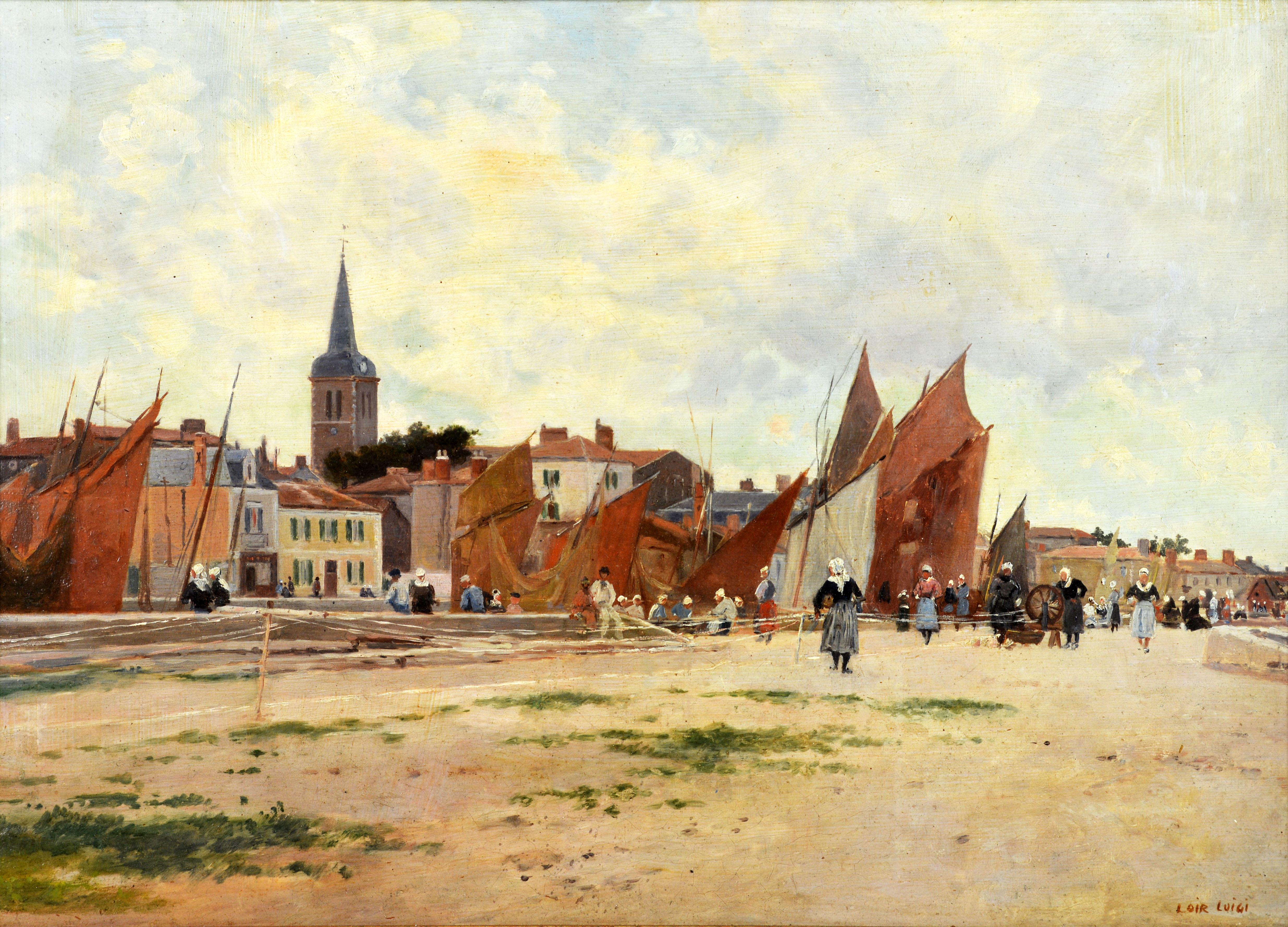 'Harbor Scene, Brittany'
By Luigi Loir, Austrian/French 1845-1916.
Measures: 15 x 21.5 in. without frame, 23 x 28.5 including frame.
Oil on panel. Signed in lower right corner.
Housed in a gilt paint antique frame.

Luigi Loir:
Luigi Loir was