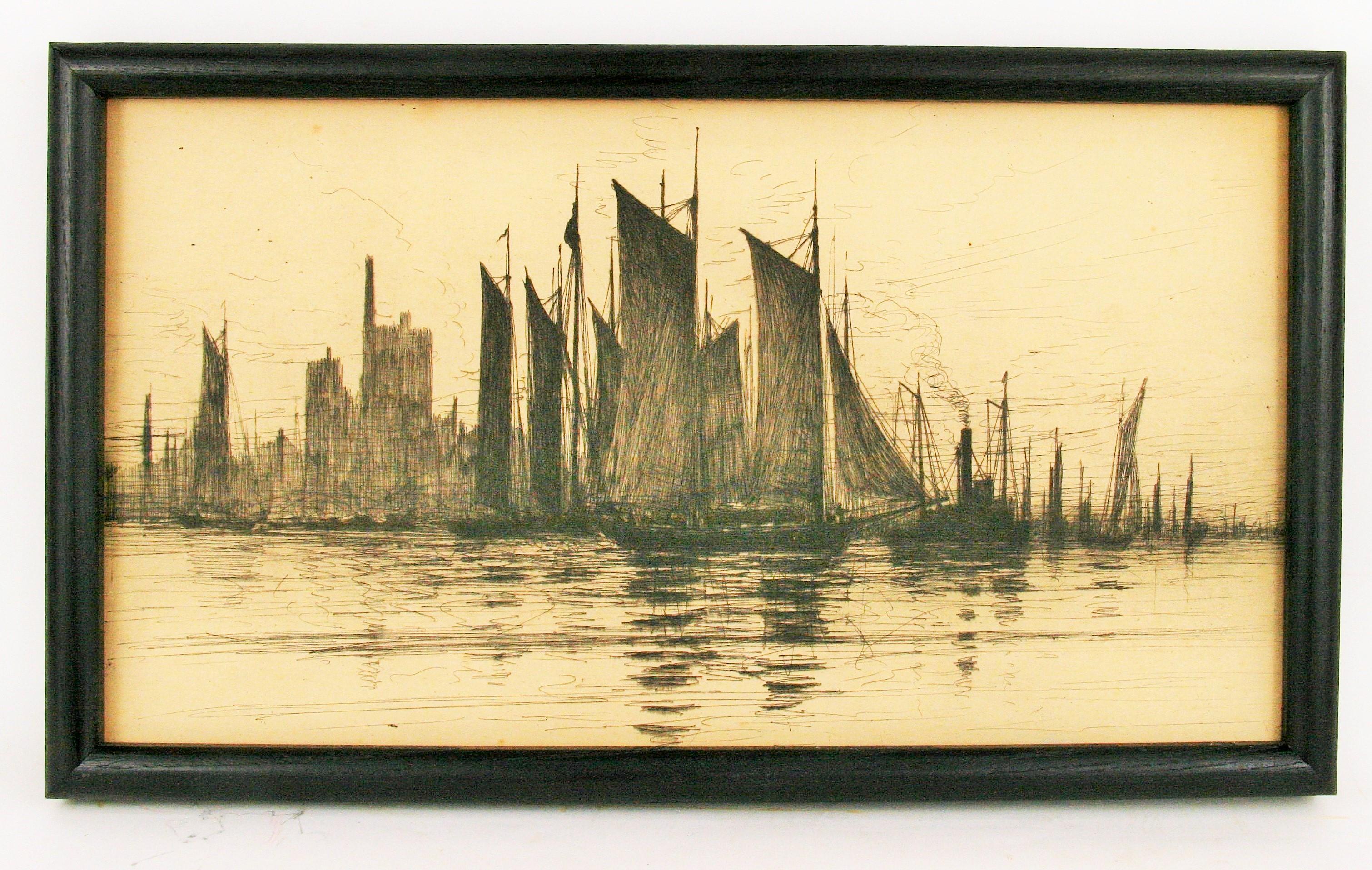 Early 20th Century Sailboat Harbor Scene Ink Drawing