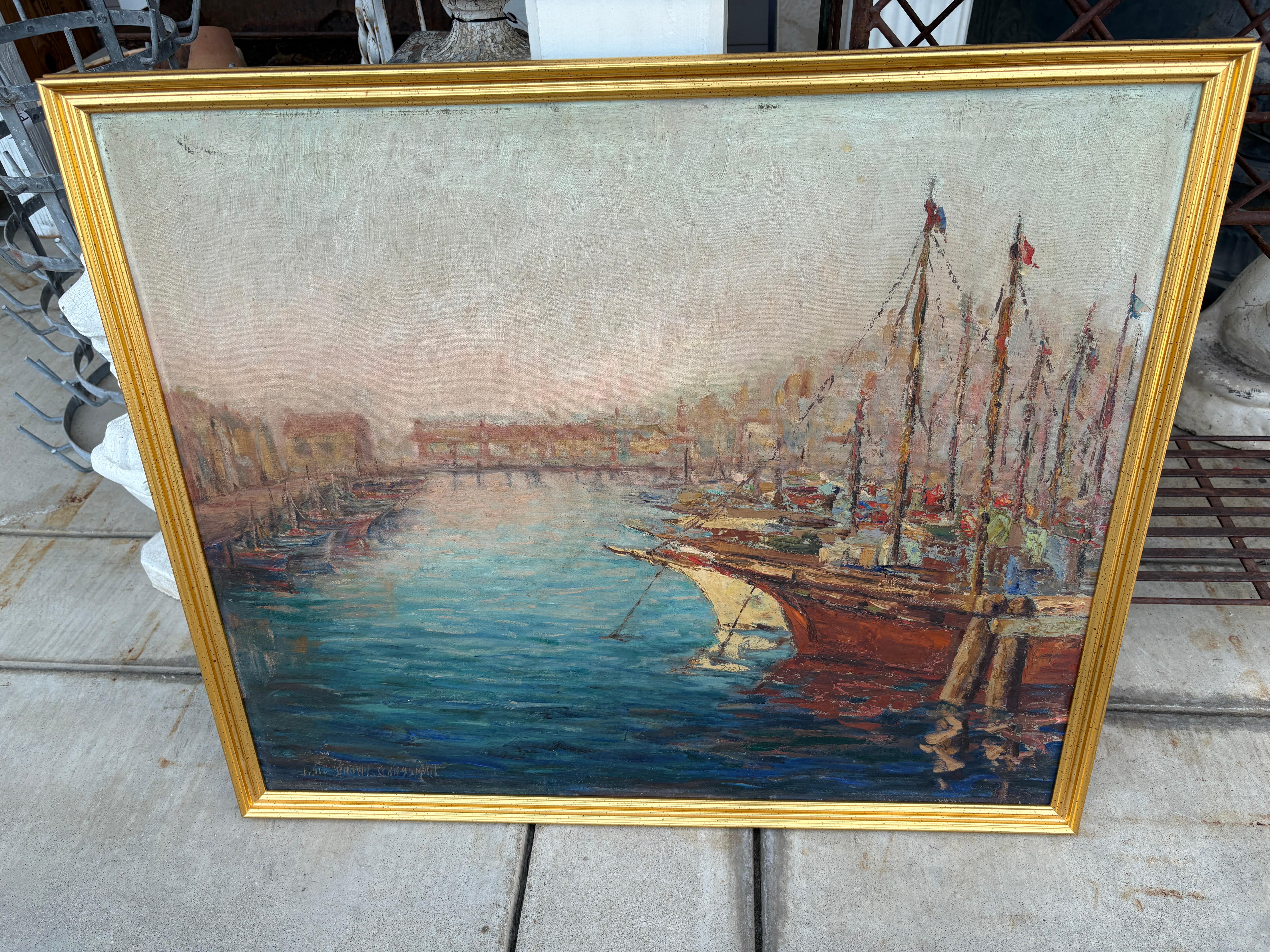Harbor Scene Oil on canvas Elsie Brown Grossman. Beautiful port scene of a busy ship yard,  with Anchored old ships. The colors on this art piece are amazing and wonderful. Wooded Gilt frame. 

Born in New Washington, OH on Aug. 26, 1888.  Elsie