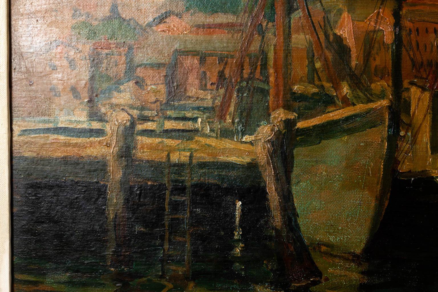 Gemälde einer Hafenszene:: signiert B.W. Wells:: etwa Mitte des 20. Jahrhunderts. Das Werk besteht aus Öl auf Malerkarton in einem Rahmen aus vergoldetem Holz. Signiert vom Künstler. Bitte beachten Sie die altersgemäßen Gebrauchsspuren. Hergestellt