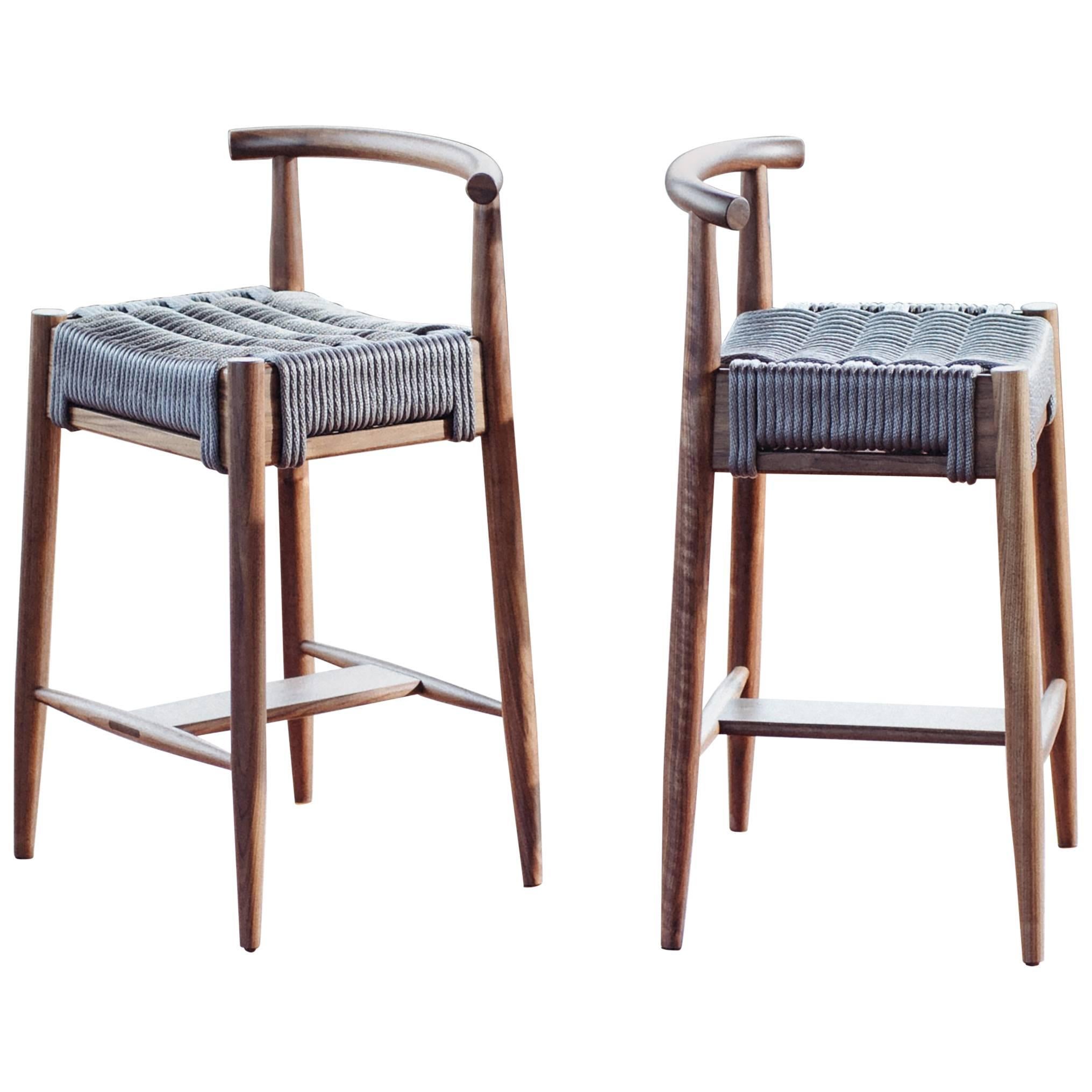 Harbor Stool, Handmade Modern Walnut and Rope Seat Counter Stool with Backrest