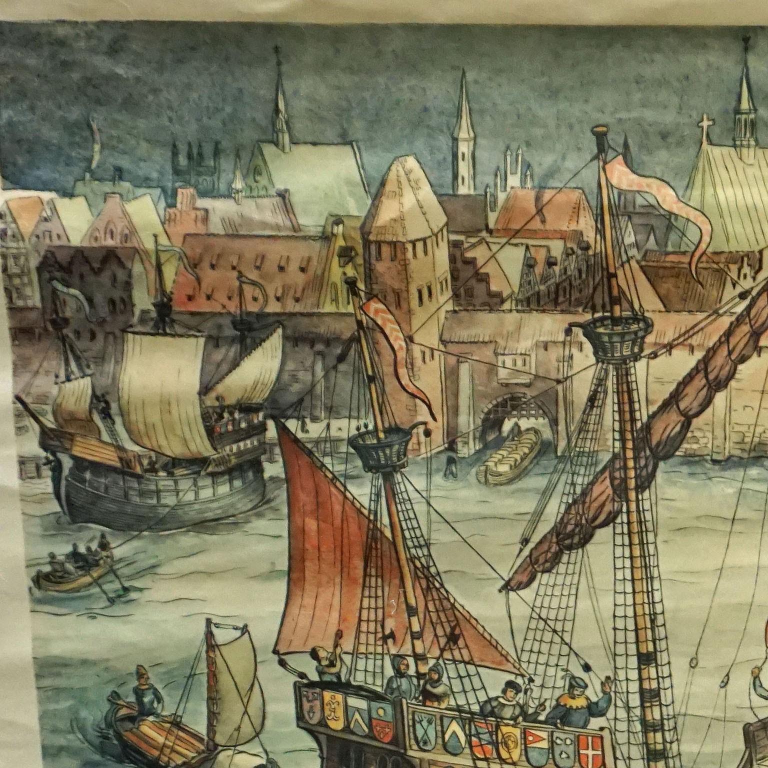 The maritime look vintage pull-down wall chart shows the historical picture of a port of an ancient trading city, published by Verlag Dr. te. Neues & Co., GmbH. Colorful print on paper reinforced with canvas.
Measurements:
Width 100 cm (39.37