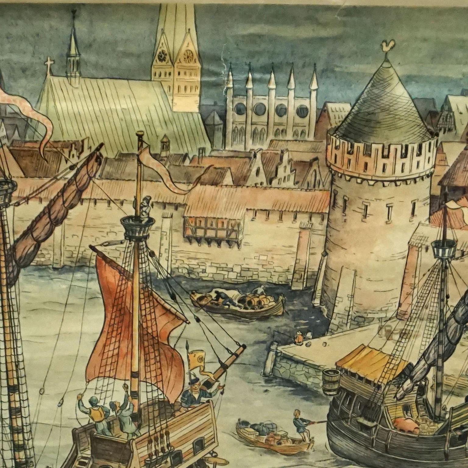 Country Harbour of a Trade City Hanseatic Port Rollable Vintage Wallchart For Sale