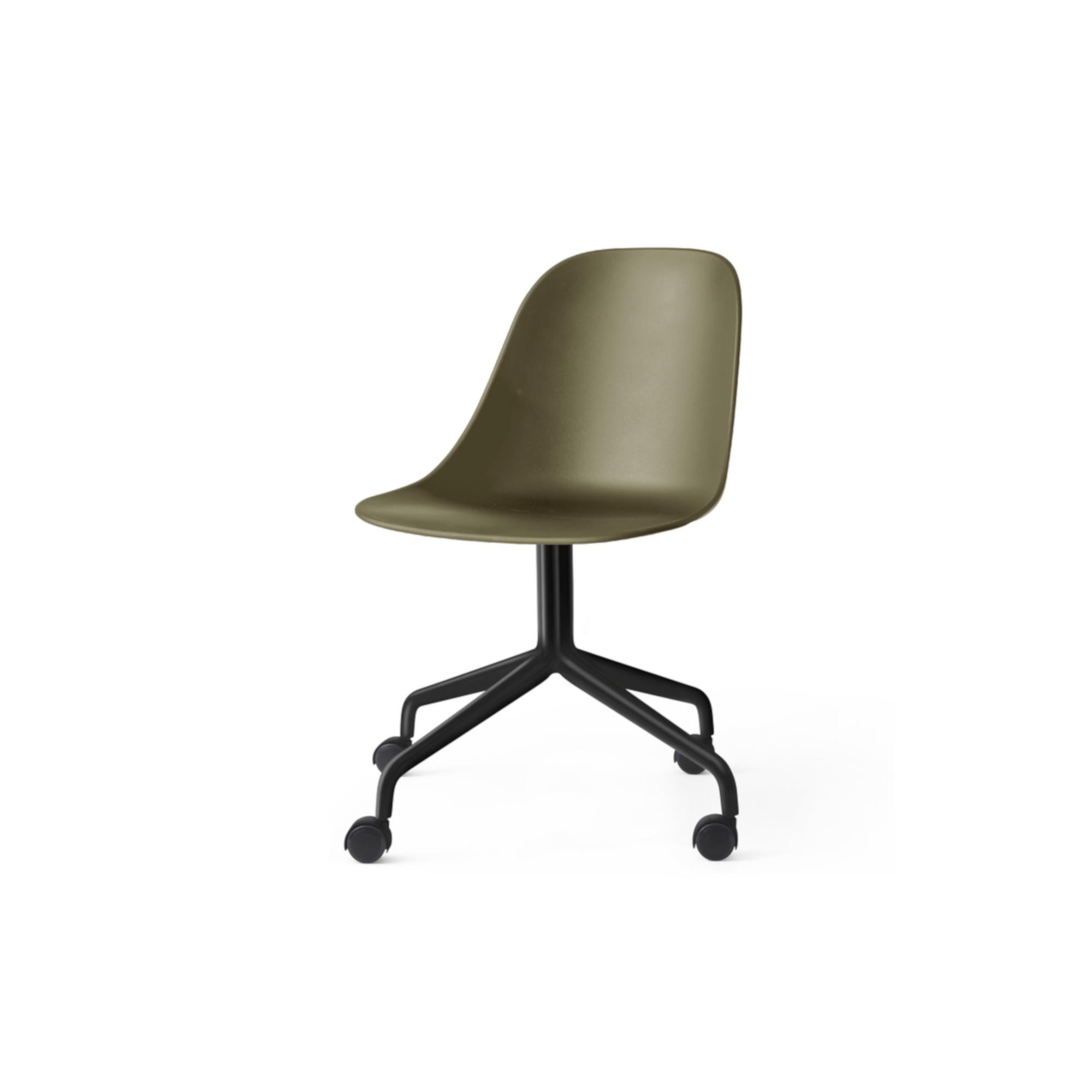 Scandinavian Modern Harbour Side Chair, Black Steel Swivel Base with Caster, Olive Shell For Sale