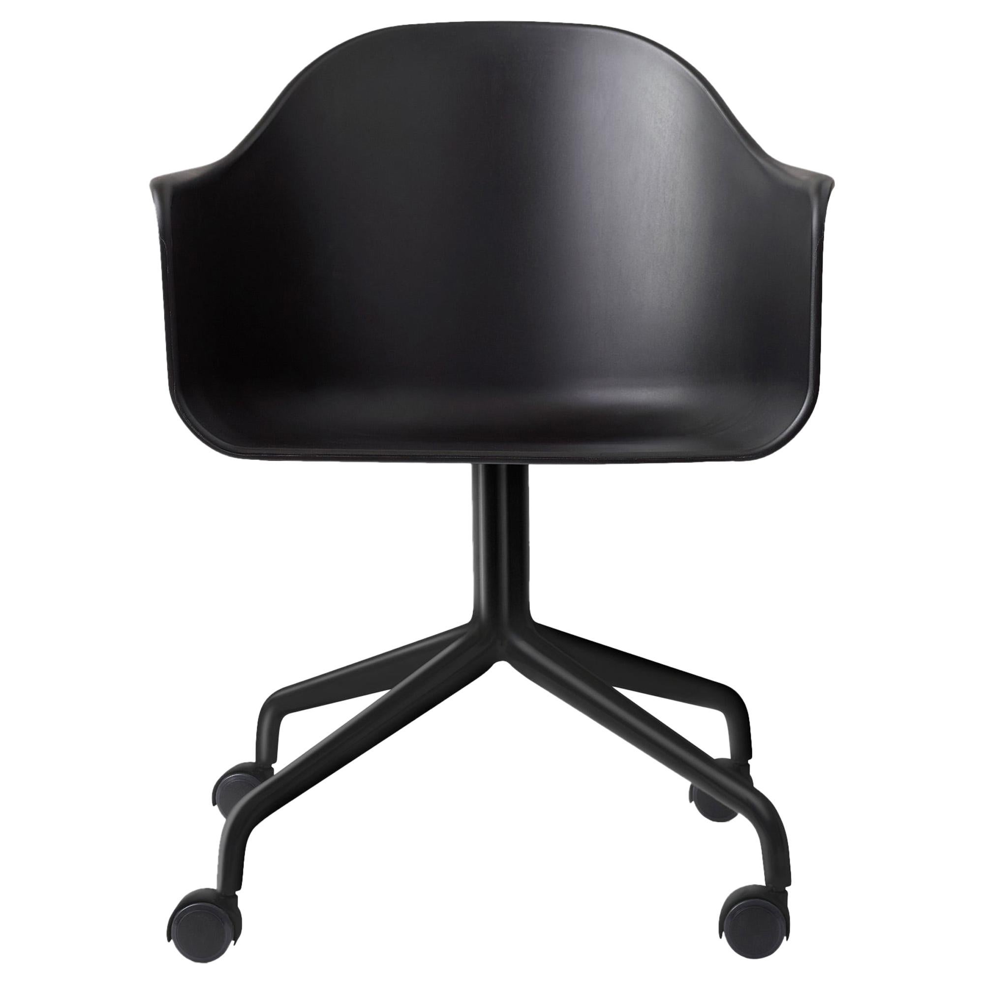 Harbour Side Chair, Black Steel Swivel Base with Casters and Black Shell For Sale