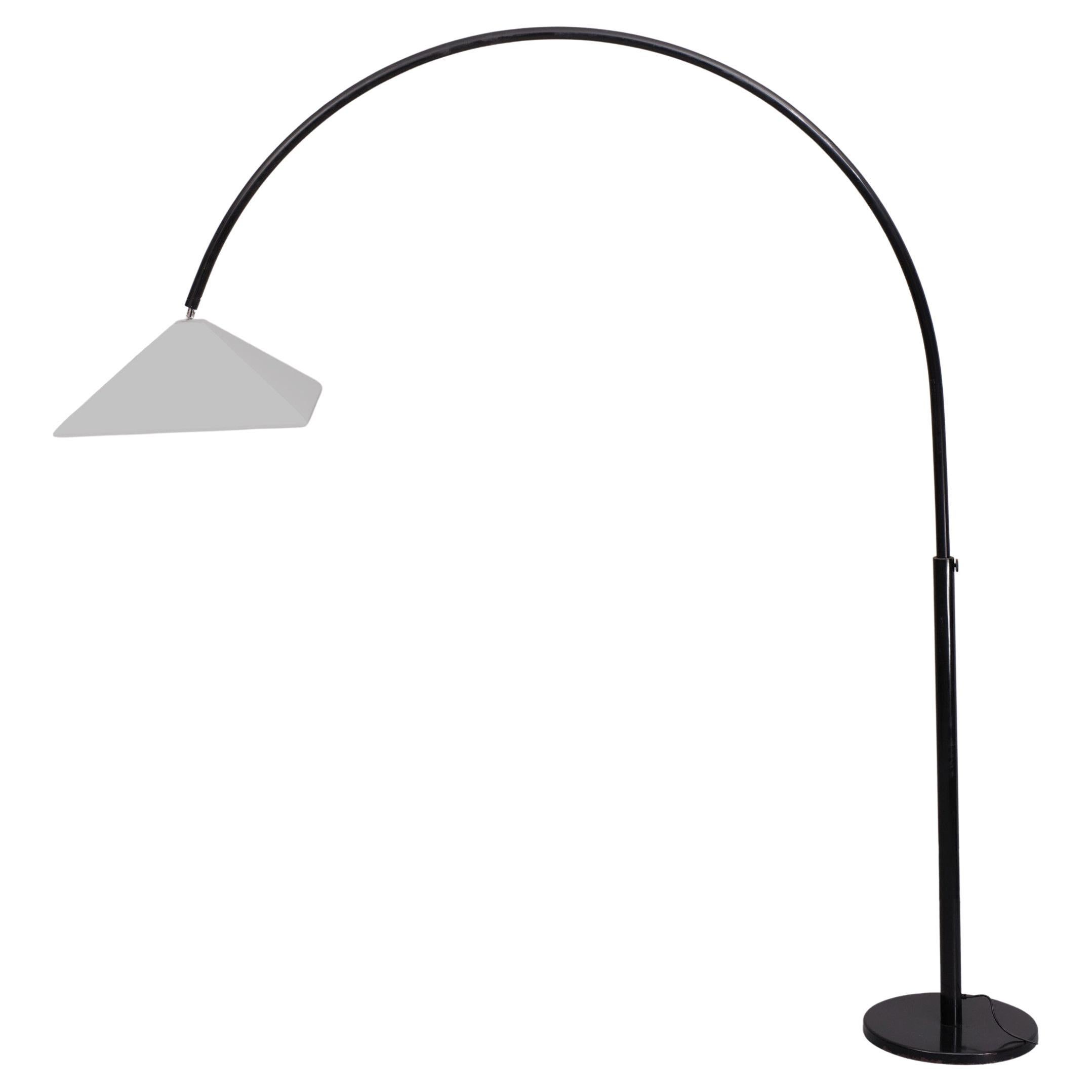 Extra Large Arc  floor lamp . Black Aluminum Arc . standing on a heavy round feet 
comes with a White perspex shade . The shade can be diagonal adjust . 
Very rare post modern design . Memphis style .One large E27 bulb needed . 
 