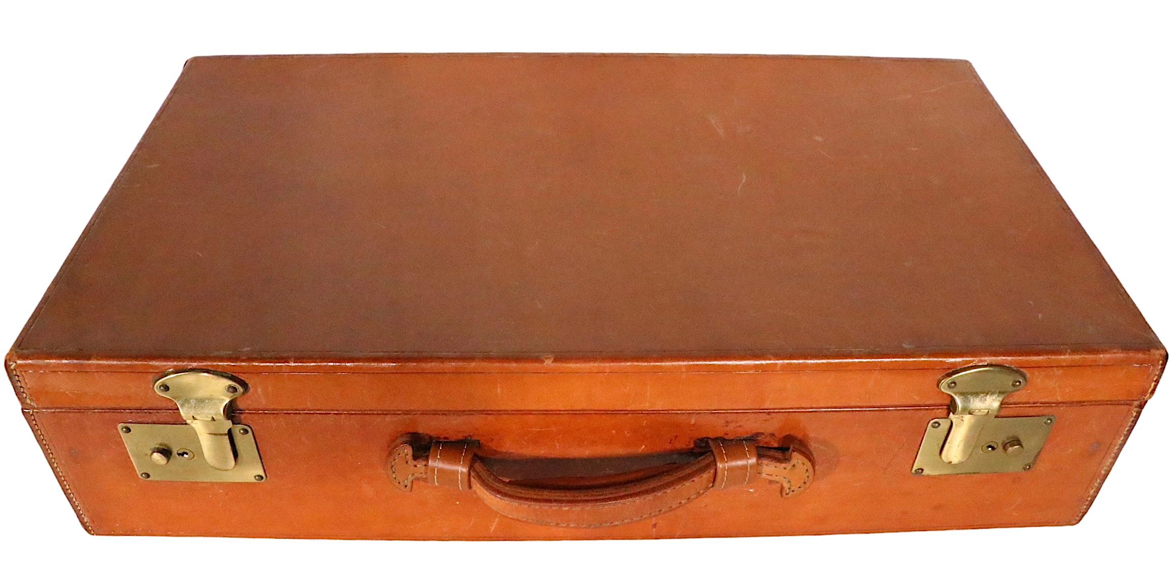 American Hard Side Leather Overnight Luggage Suitcase Att. to Crouch and Fitzgerald For Sale