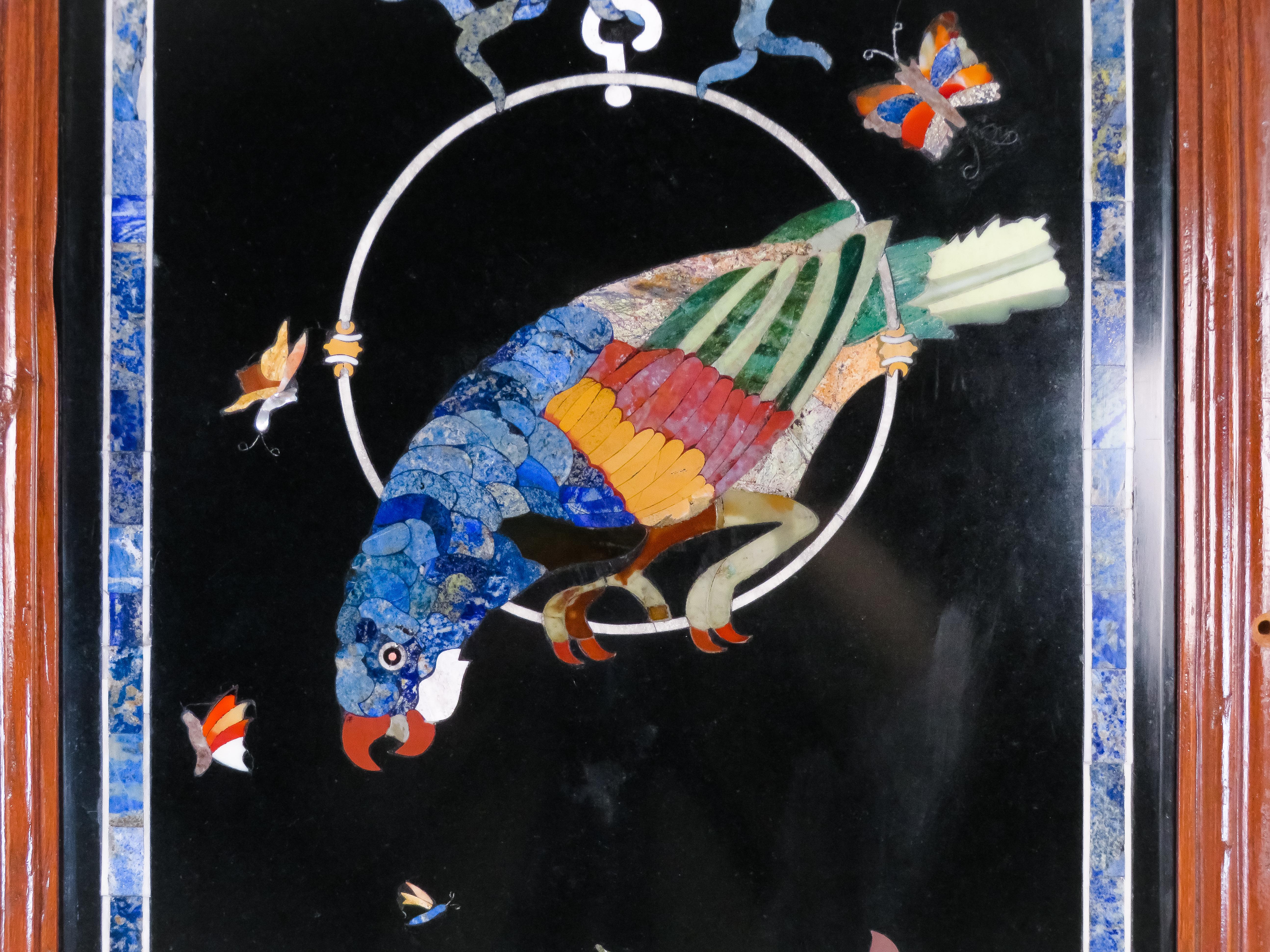 Hard stone panel depicting a parrot with a butterfly and plant motifs, Italy For Sale 9