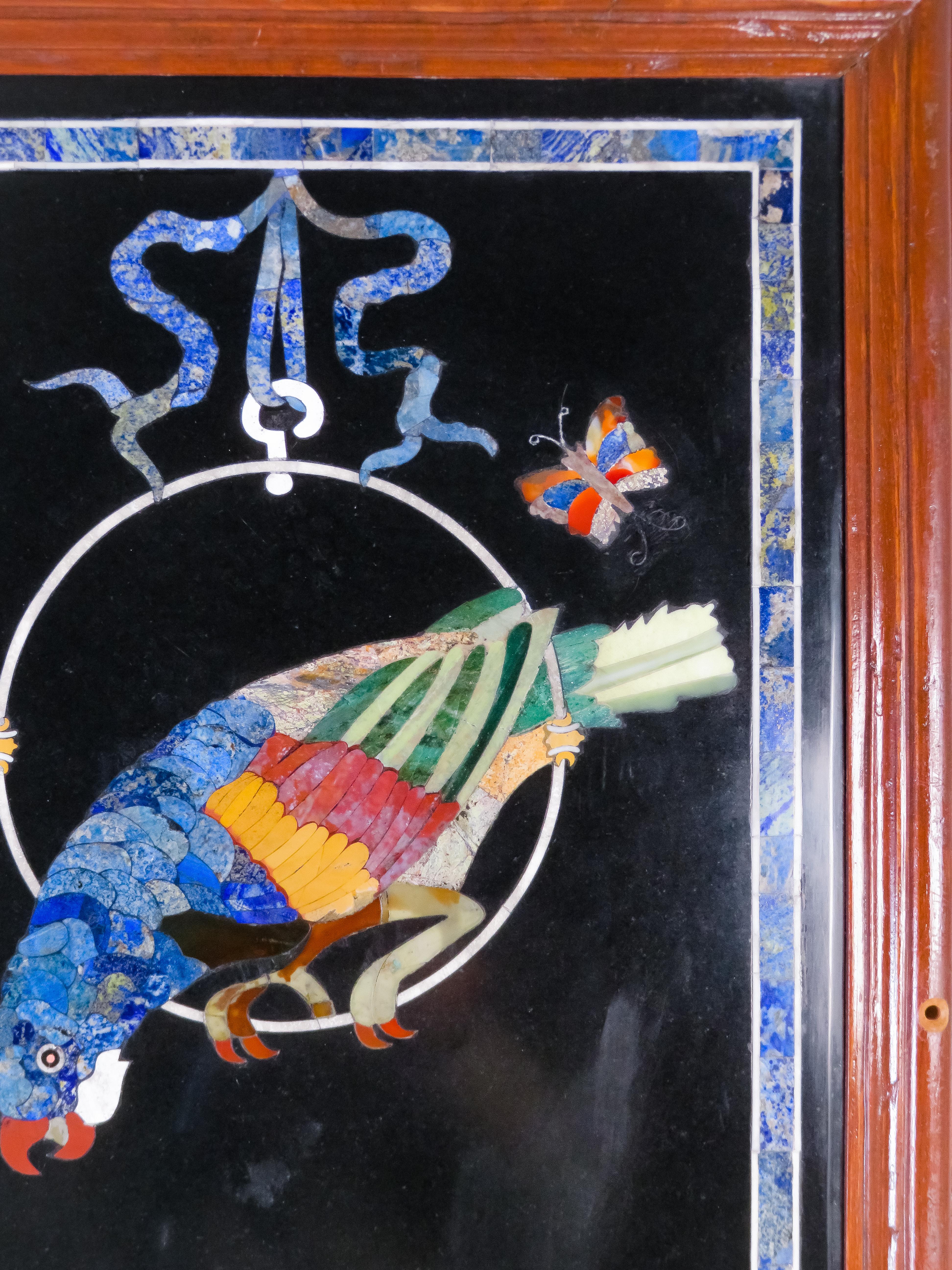 Italian Hard stone panel depicting a parrot with a butterfly and plant motifs, Italy For Sale