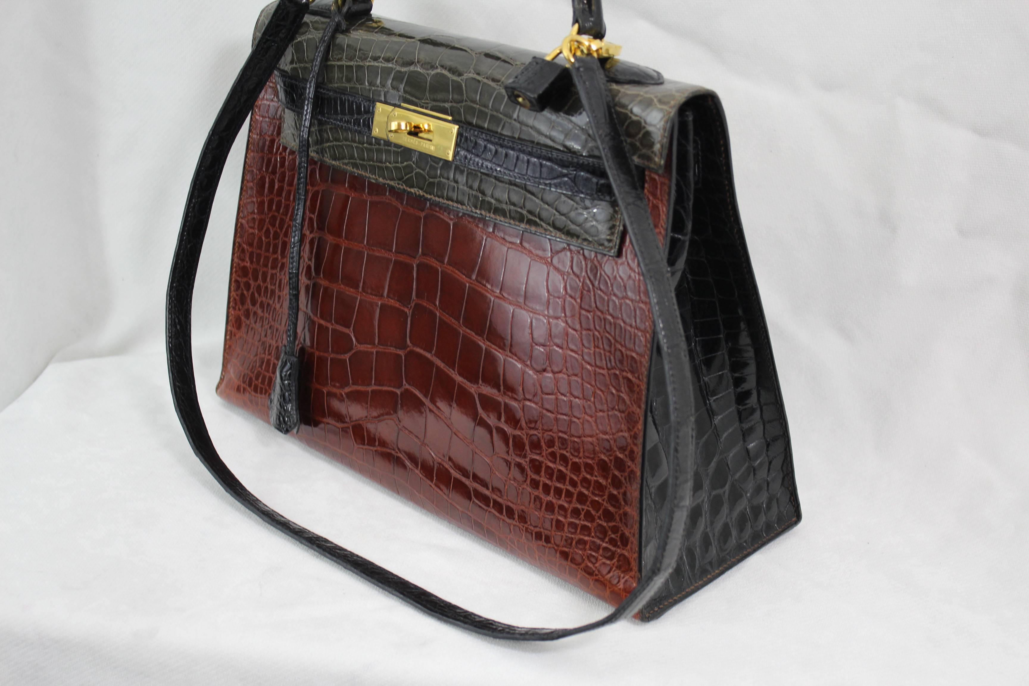 Black   Hermes Tricolor Kelly 32 Alligator Bag, 1992  For Sale
