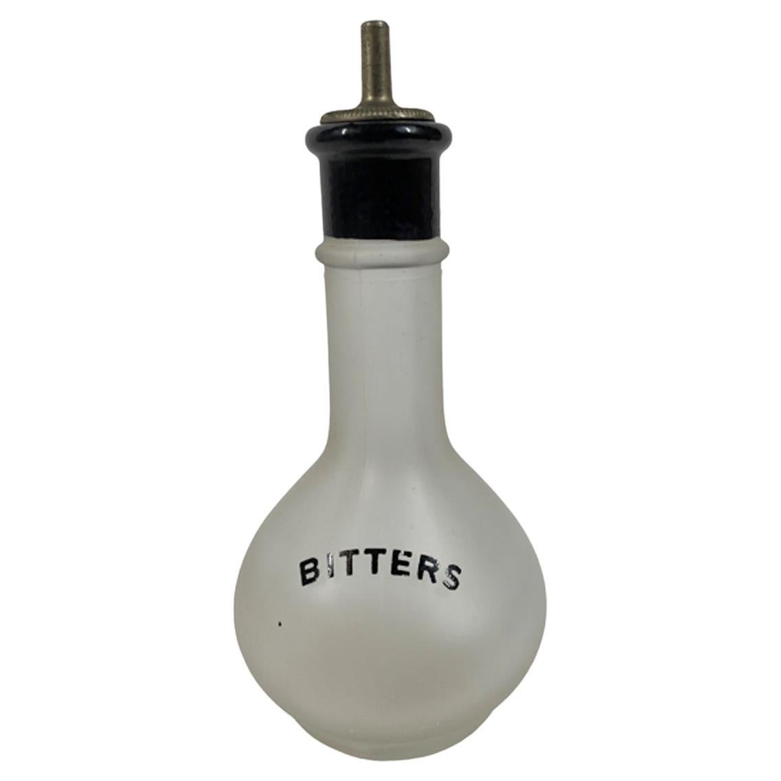 Frostierte „BITTERS“-Flasche mit schwarzer Emaille und Tropfenplatte, schwer zu finden