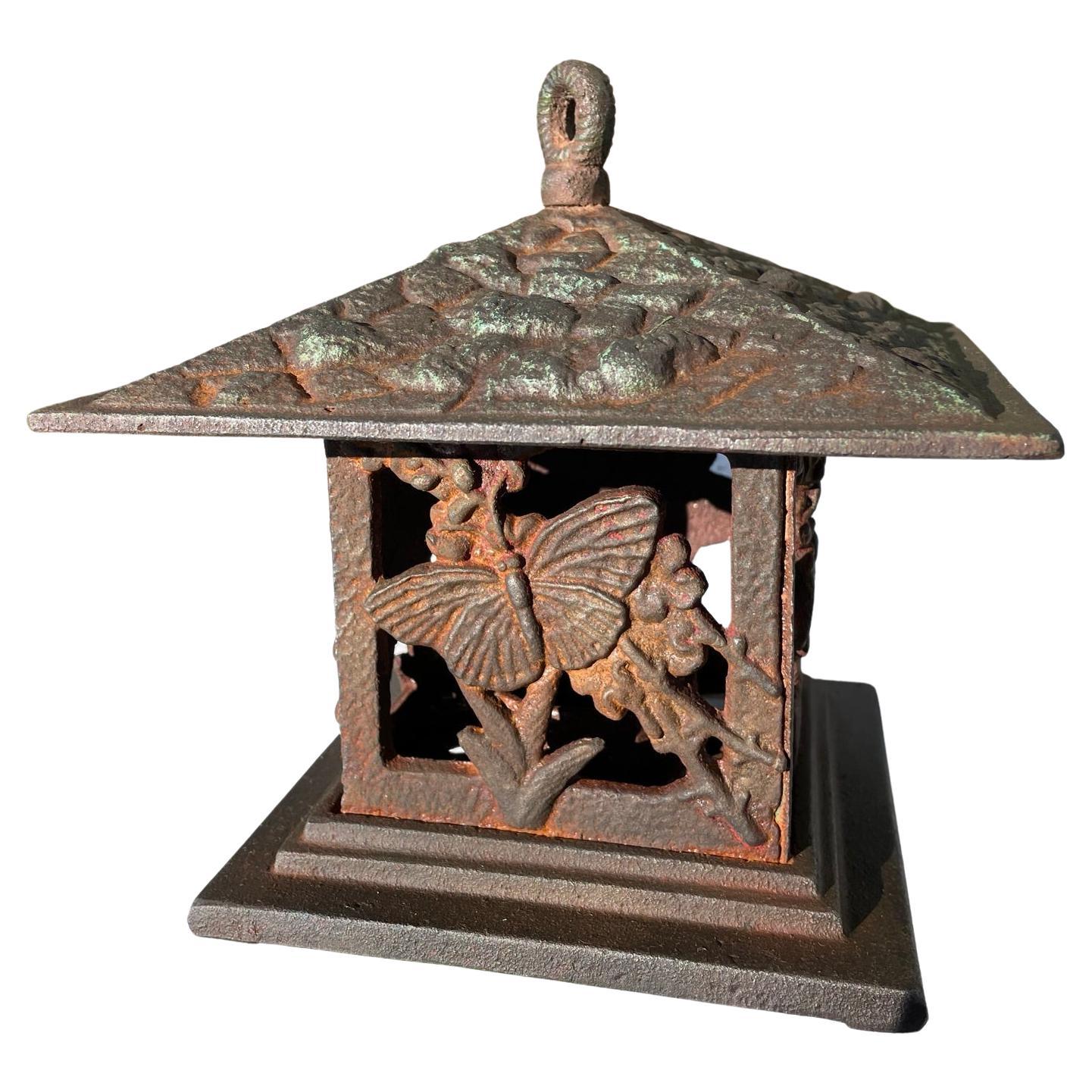 Hard to Find Japanese "Butterfly and Tree" Hand Cast Garden Lantern For Sale