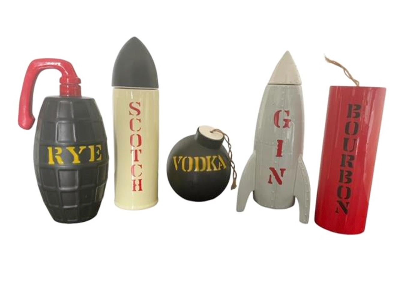 Hard to find, complete set of five ceramic novelty liquor decanters by Davar. Each in the form of an explosive device and stenciled with the name of a different spirit.
BOURBON: Dynomite, 8.13