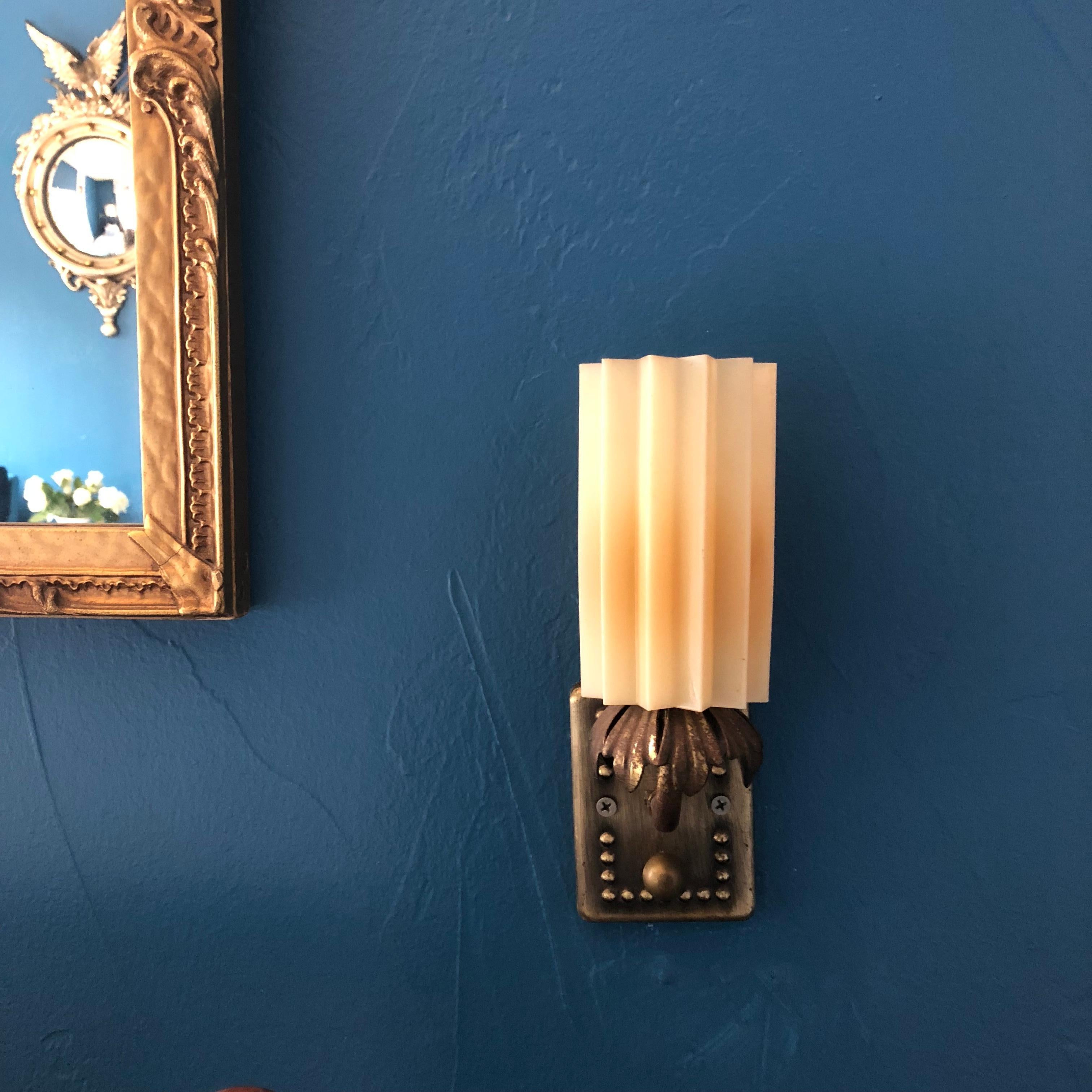 Hard Wired Art Deco Metal Sconces Shades of Resin & Turn Knob Switch A Pair In Good Condition In Oklahoma City, OK