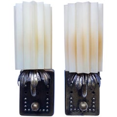 Antique Hard Wired Art Deco Metal Sconces Shades of Resin & Turn Knob Switch A Pair