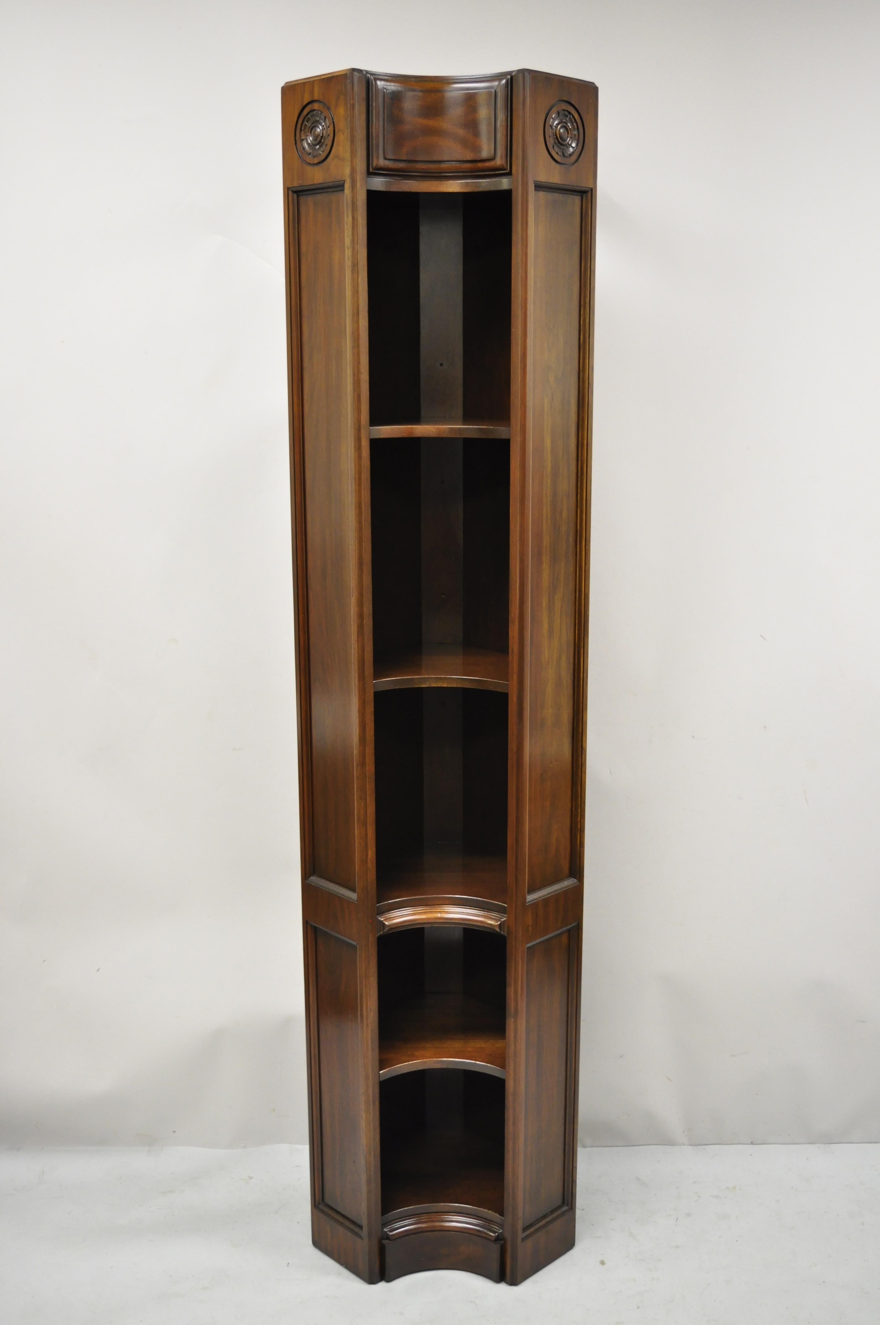 Harden Charleston Collection Tall Cherry Wood Narrow Corner Bookcase - Set of 4. Set includes (4) corner bookcases, tall impressive form, solid cherry wood construction, beautiful wood grain, original stamp, 3 adjustable shelves, very nice vintage