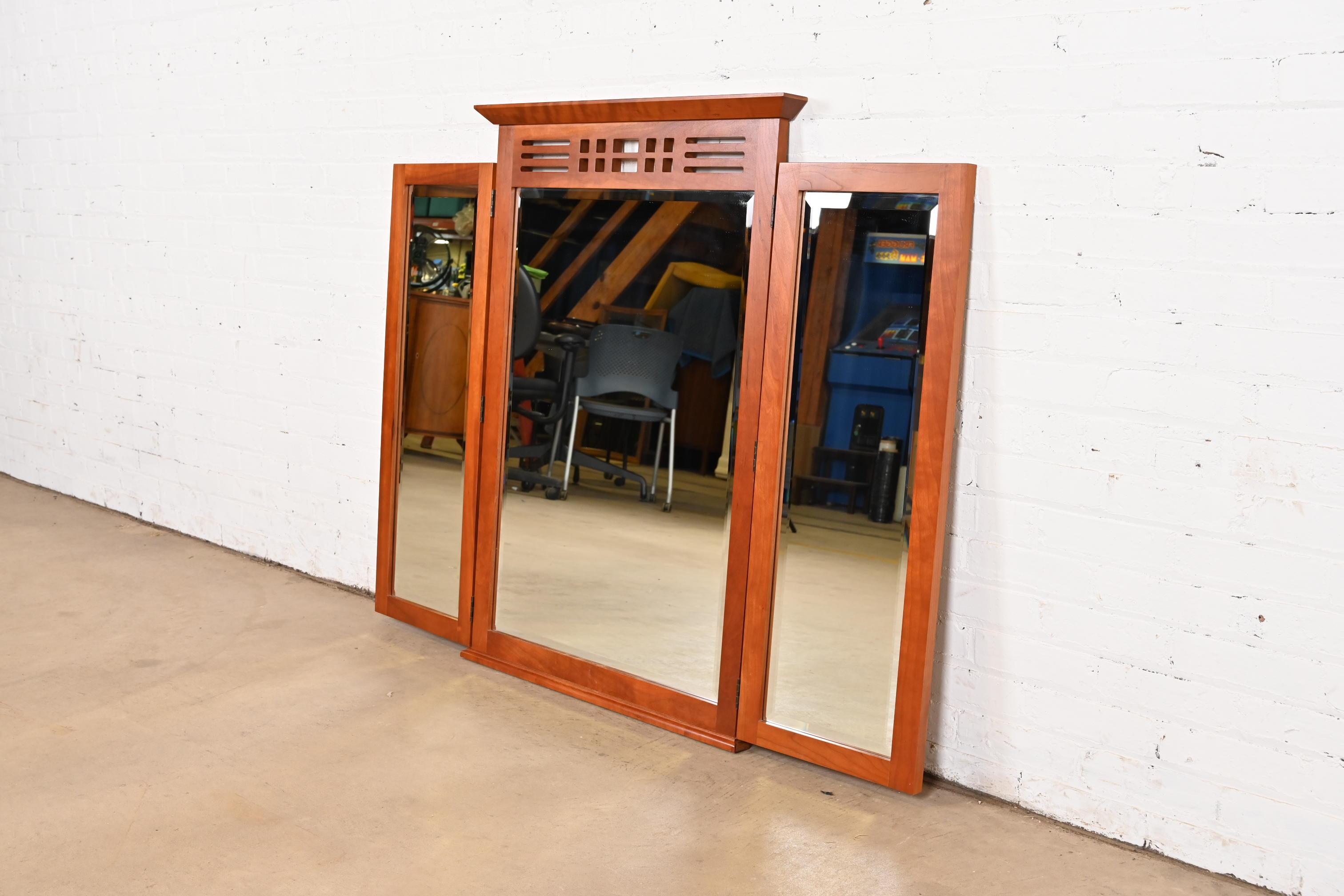 Arts and Crafts Harden Furniture Arts & Crafts Shaker Carved Cherry Wood Tri-Fold Triple Mirror