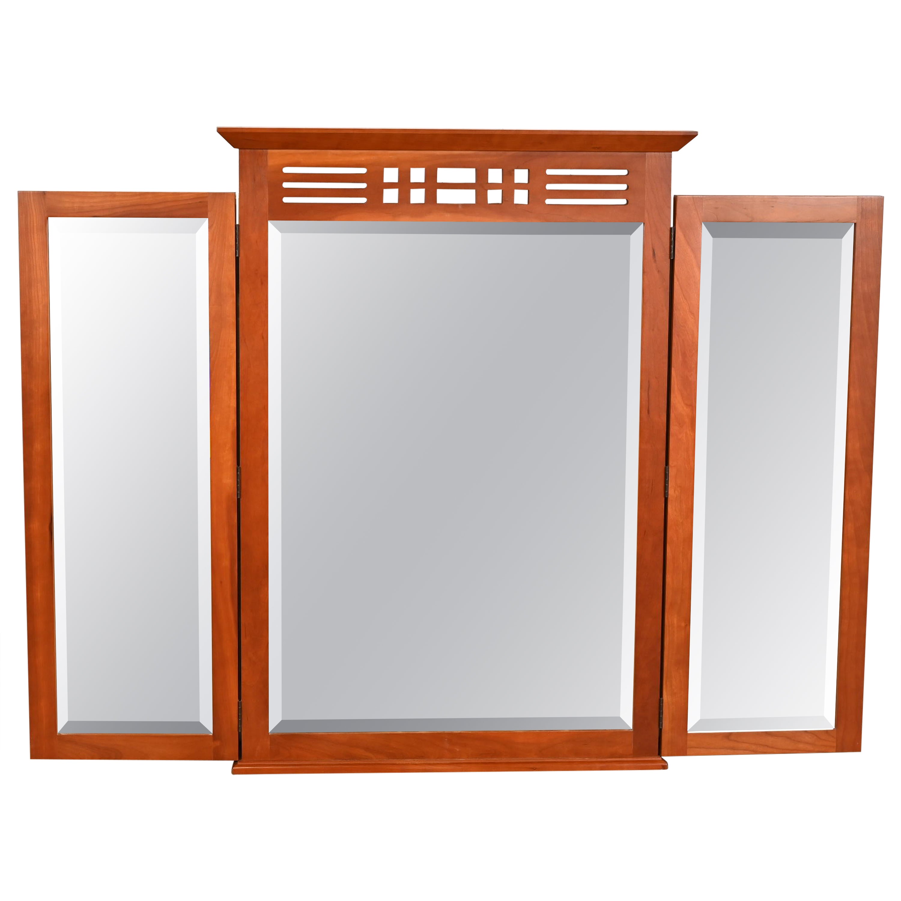 Harden Furniture Arts & Crafts Shaker Carved Cherry Wood Tri-Fold Triple Mirror
