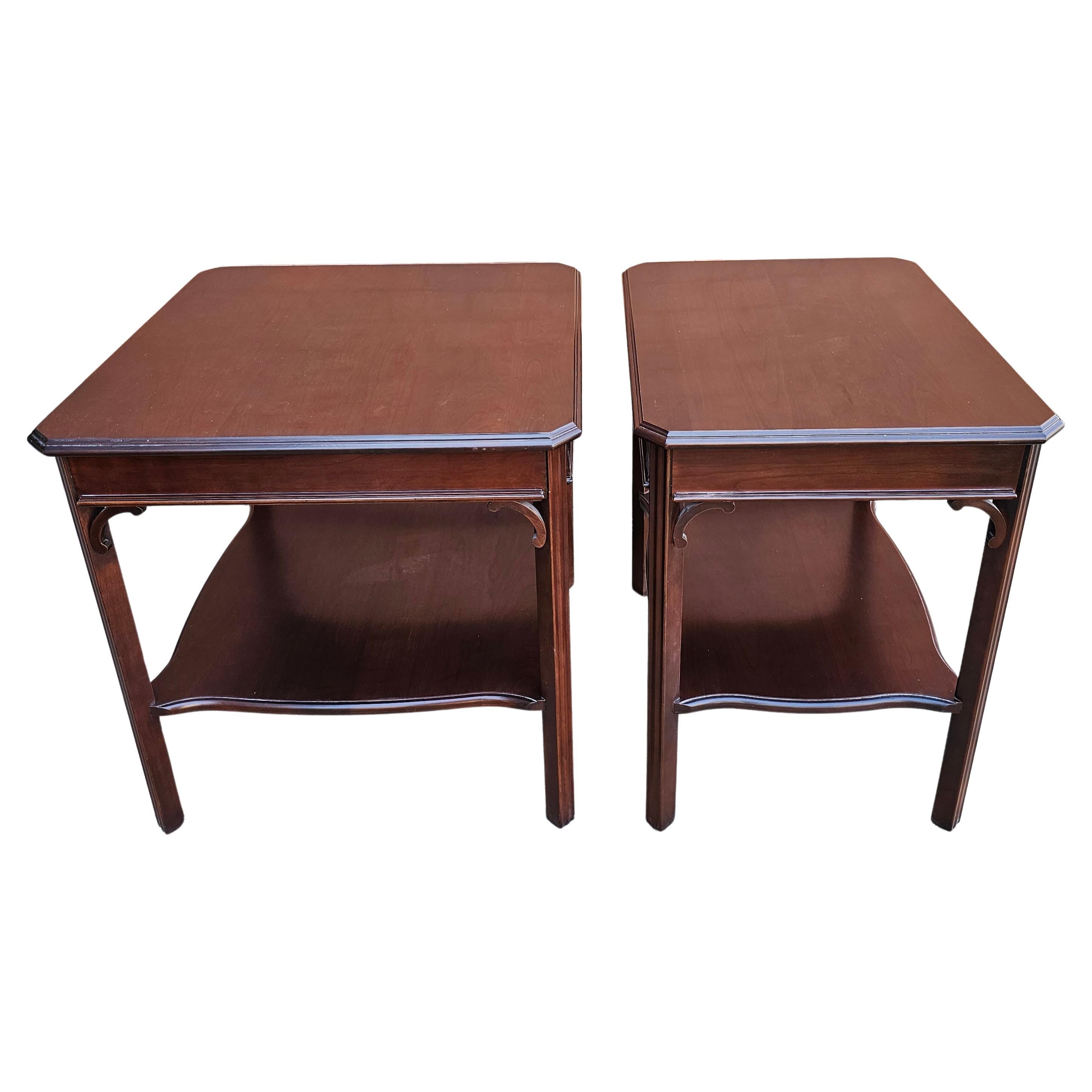 Harden Furniture Chippendale Solid Cherry Side Tables with Protective Glass Top For Sale