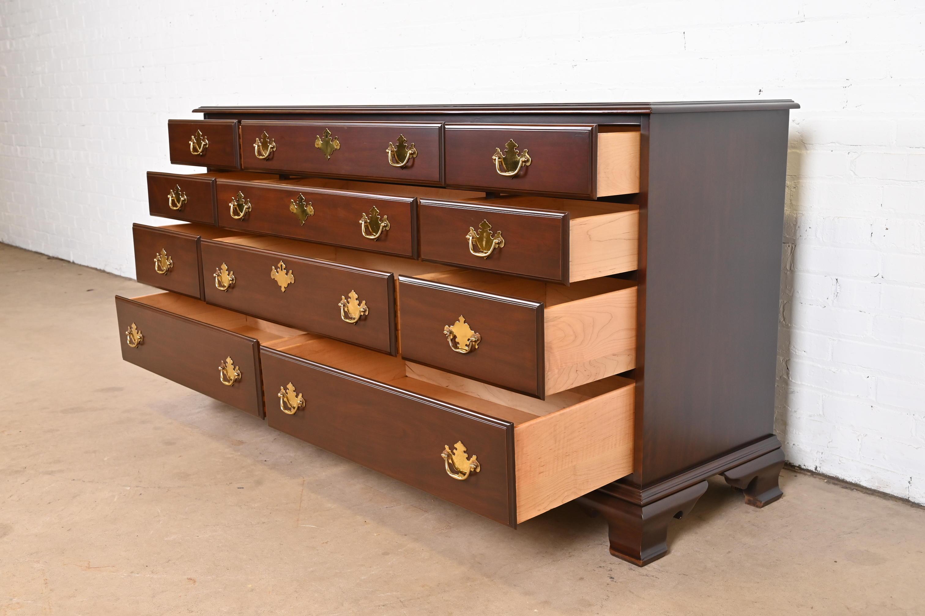 Brass Harden Furniture Georgian Carved Solid Cherry Wood Long Dresser, Newly Restored For Sale