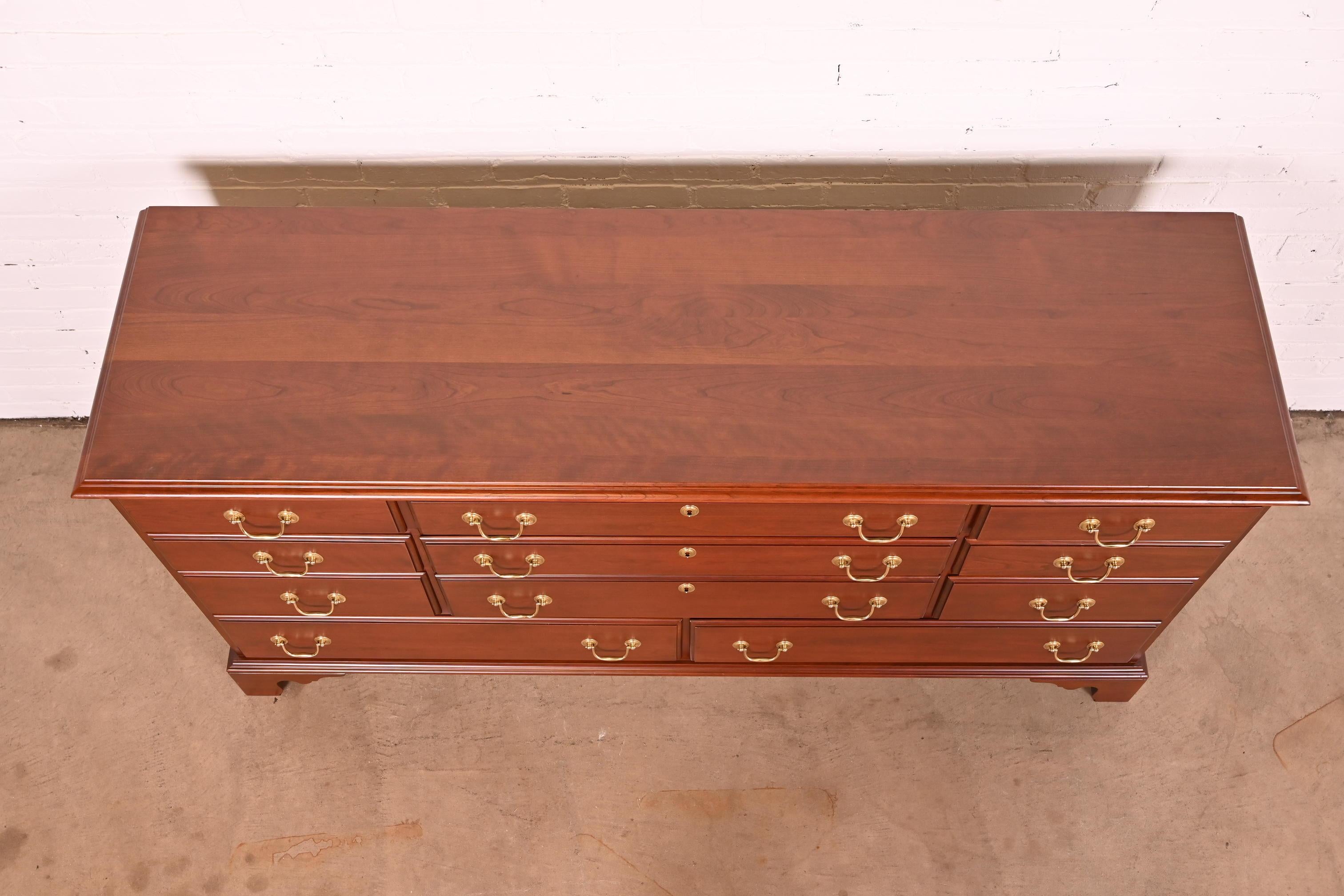Brass Harden Furniture Georgian Cherry Wood Eleven-Drawer Dresser, Newly Restored