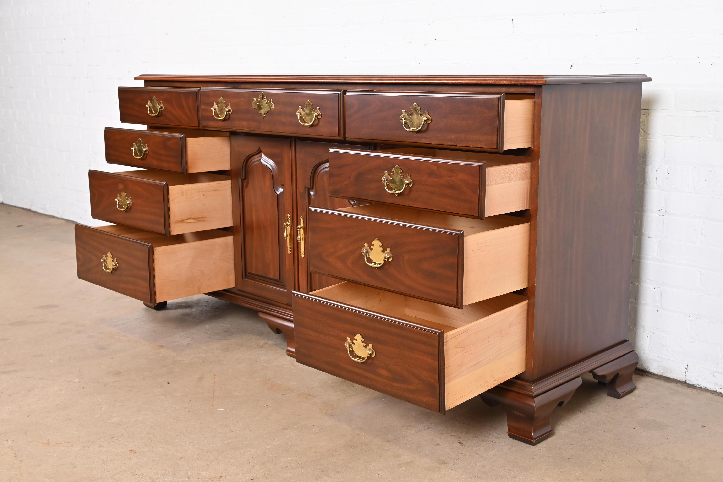 Brass Harden Furniture Georgian Solid Cherry Wood Long Dresser, Newly Restored For Sale