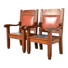 Harden Furniture Style Antique Arts & Crafts Carved Oak Library Chairs, Pair