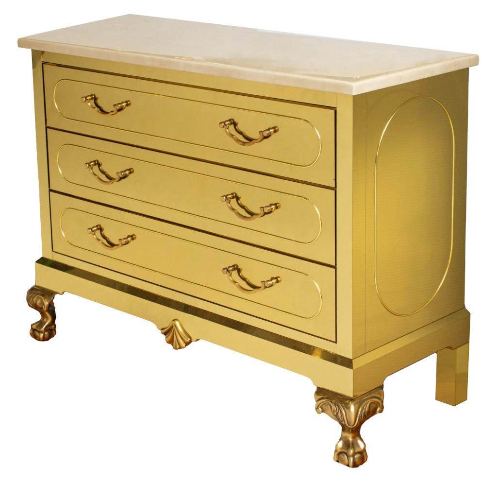 Harden Furniture Mid-Century Modern gold-tone brass dresser comprising three drawers upon ball and claw feet.

Dimensions: 36.25