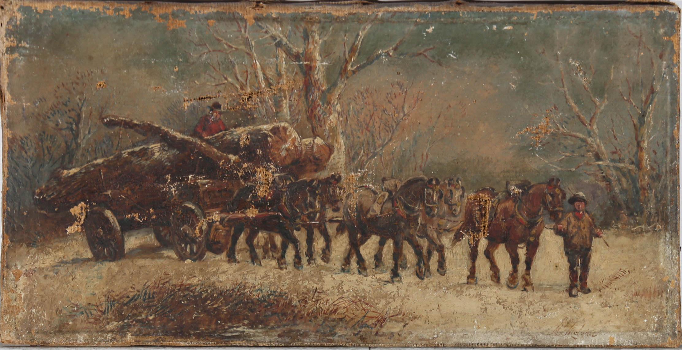 Selling for restoration- This charming pair of naive landscape scenes from the 19th century period. The first depicts a heavy logging wagon in a winter woodland, and the second similar; a covered wagon with figures. Signed, H. S. Melville. Both oils