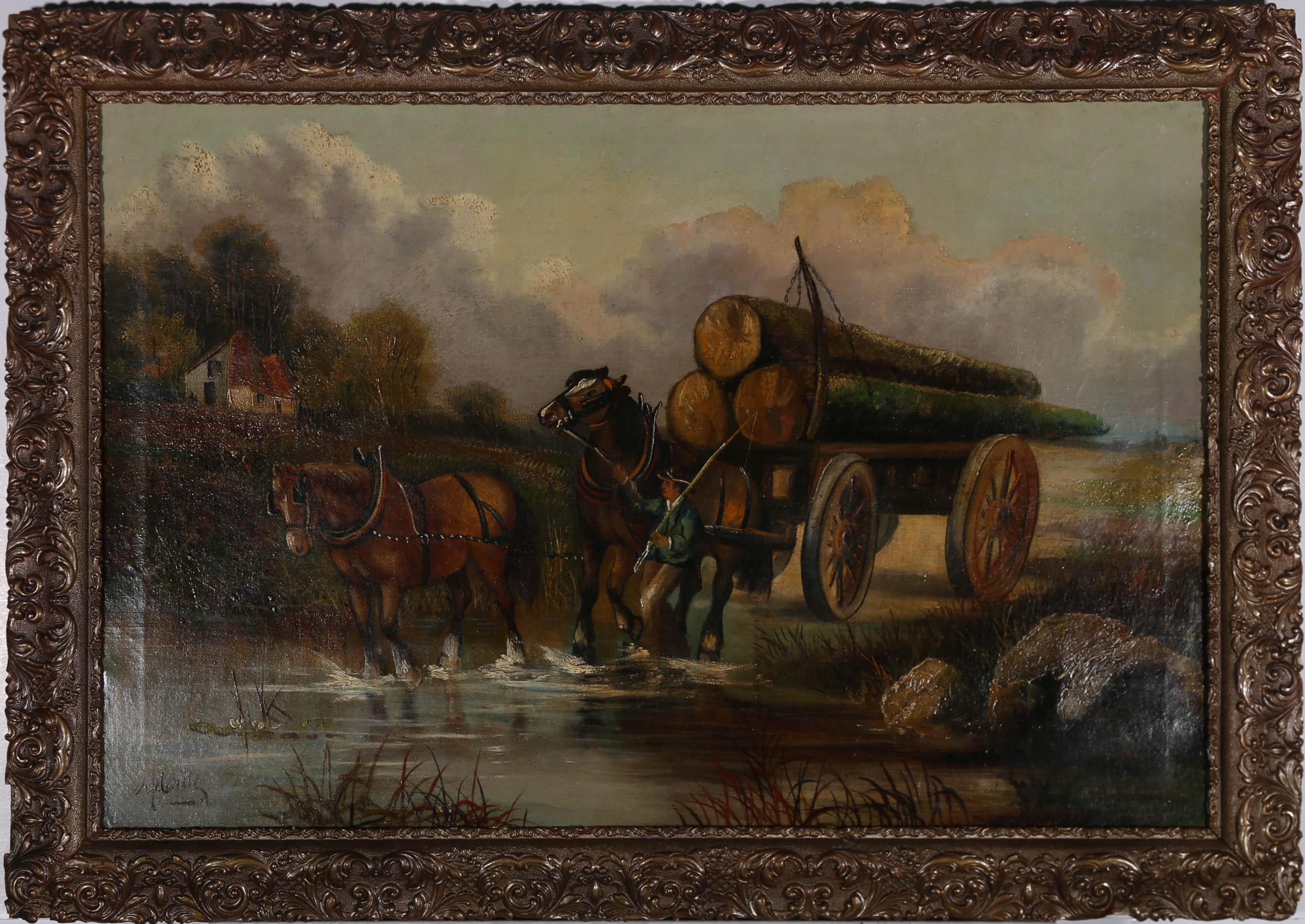 This charming scene depicts two shire horse hauling timer across a shallow creek. A man guides the heavy set horses into the water, gently encouraging them with the reins. The artist captures charming details within the scene such as the small