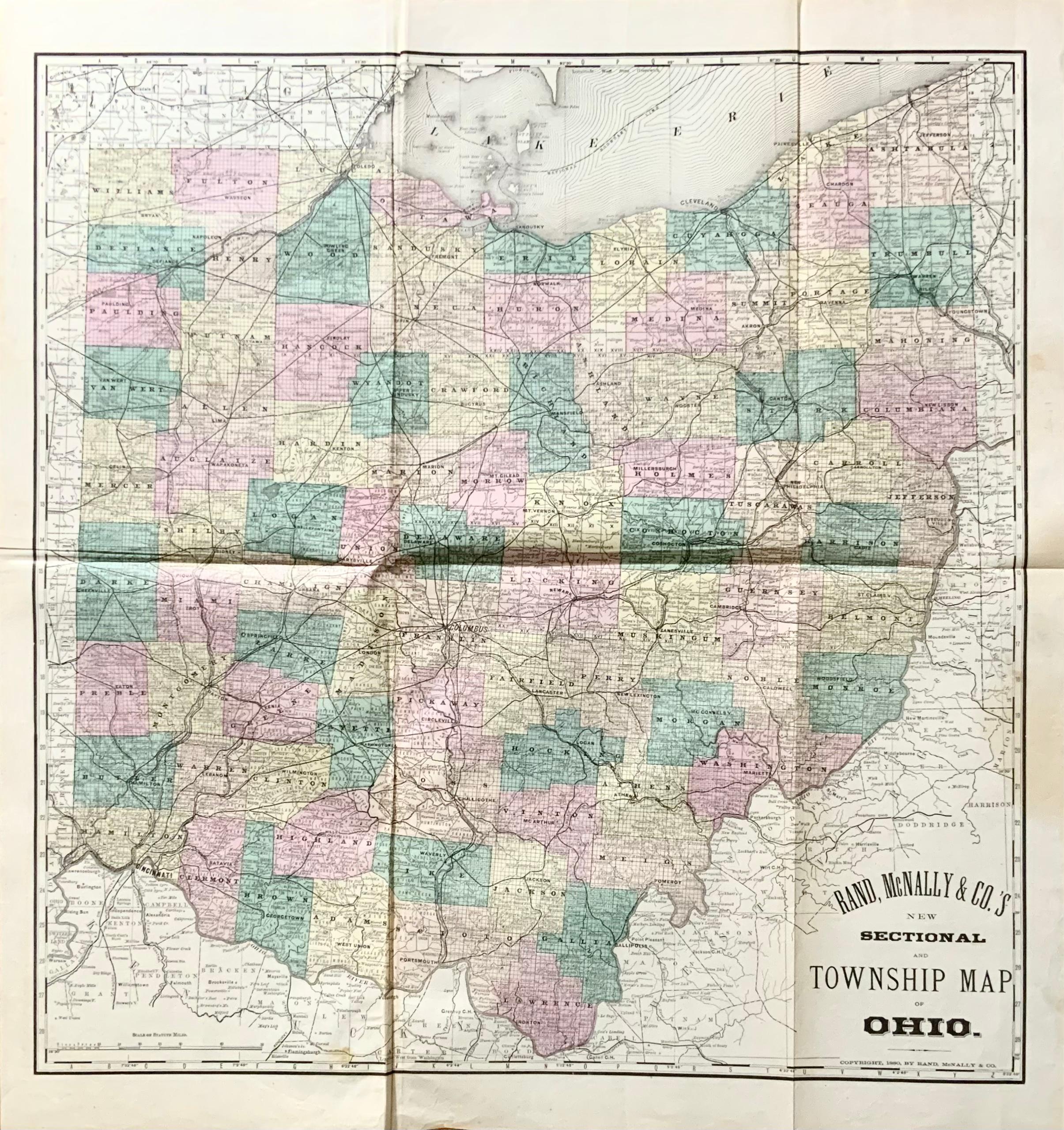 Rand, McNally & Co.'s New Sectional And Township Map of Ohio

24.8 x 24.3 inches folding into 6 sections. Colour printed in part.

Chicago, 1880.

Scale: 1:633,600

Fine early large scale map which was also issued in pocket form.

With