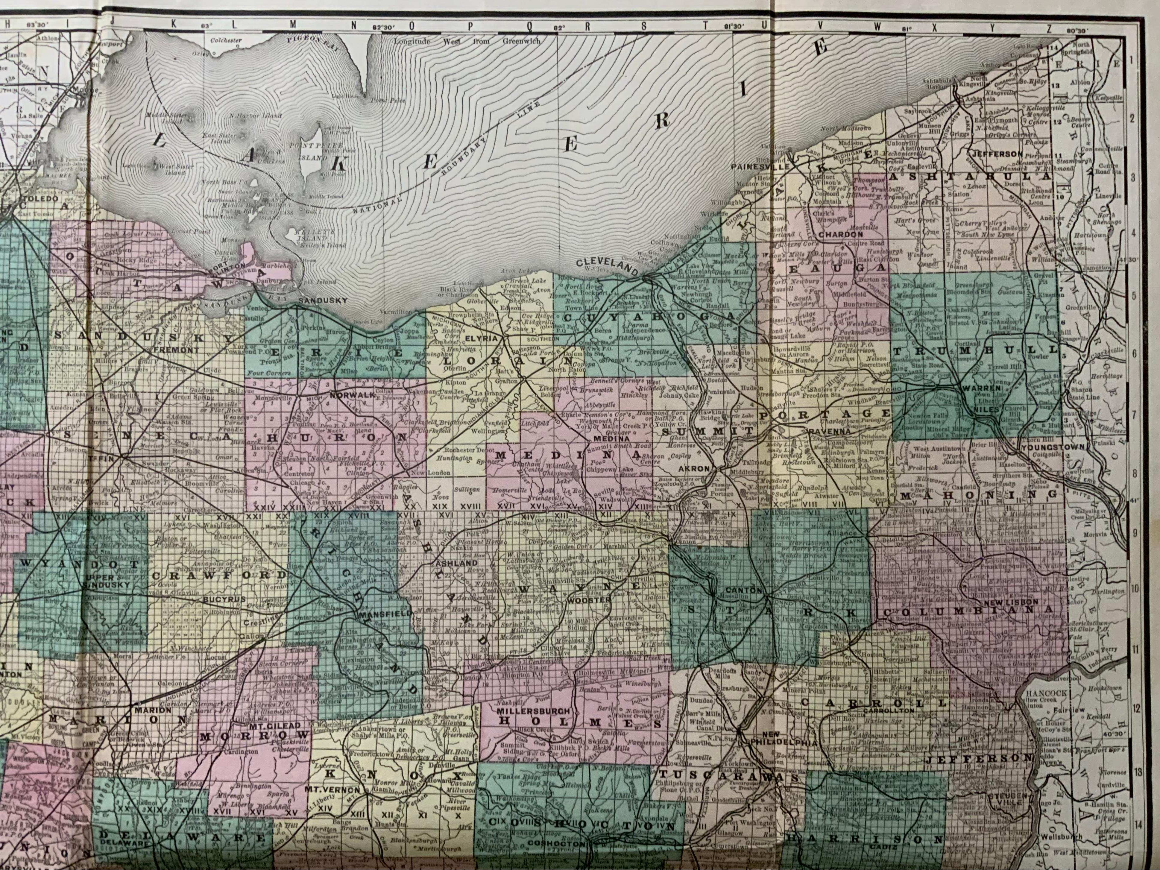 Fin du XIXe siècle Carte de Hardesty, Sectional & Township de l'Ohio, très grande en vente