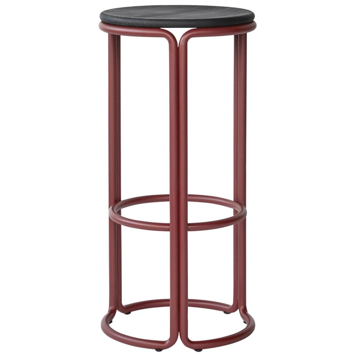 For Sale: Black (Painted Black Ash) Hardie Bar Stool with Wood Seat and Basque Red Steel Frame