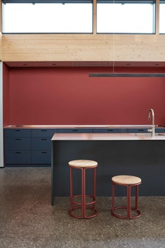 Hardie Low Stool with Wood Seat and Basque Red Steel Frame