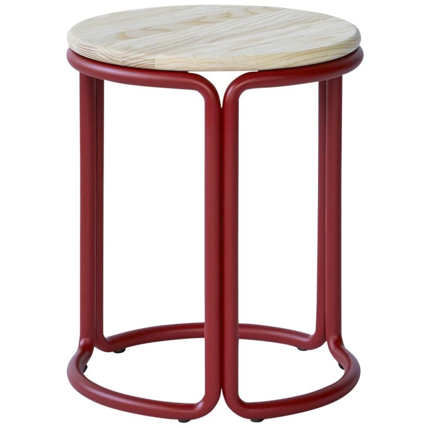 Hardie Low Stool with Wood Seat and Basque Red Steel Frame
