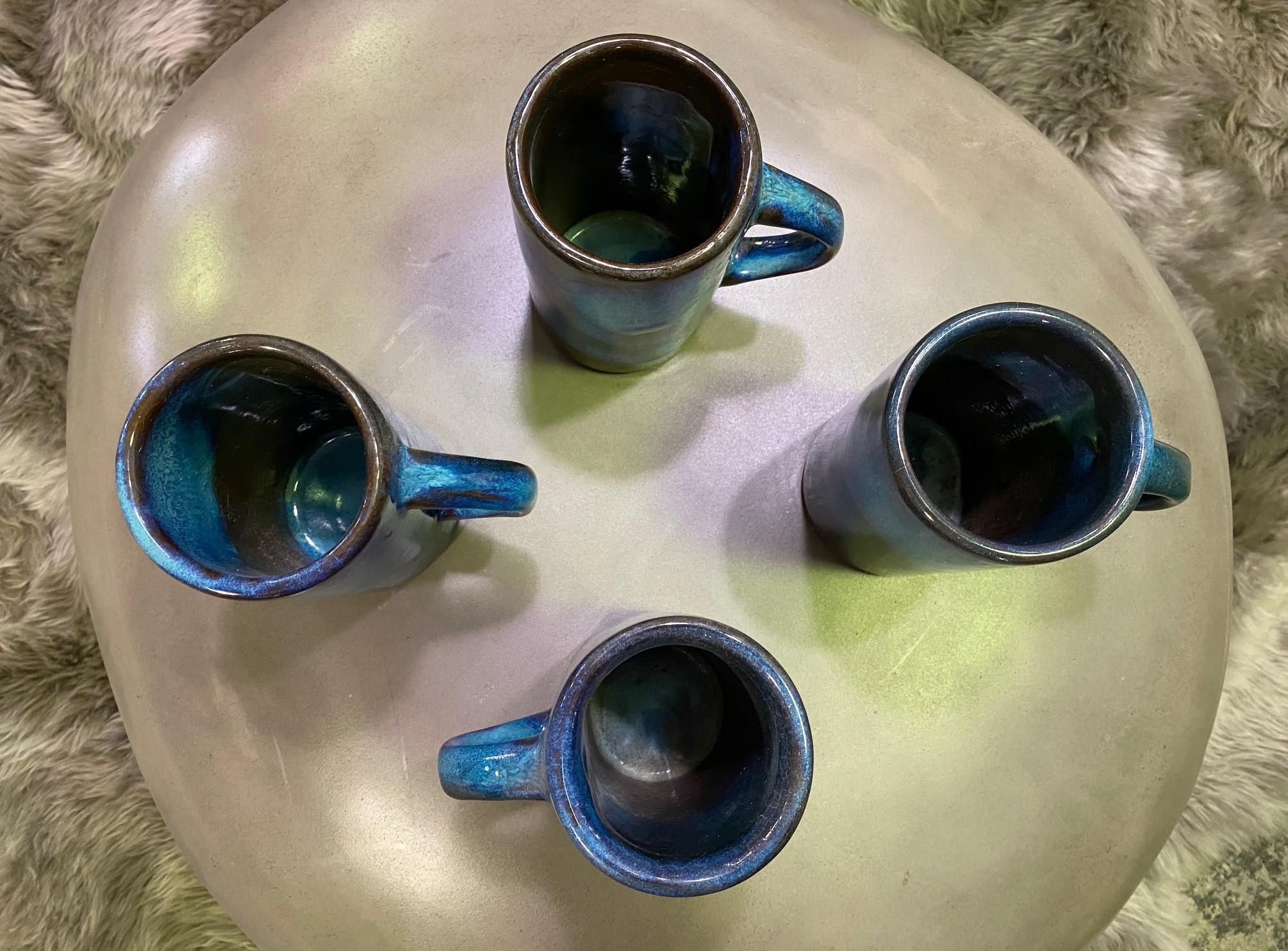 Glazed Harding Black Texas Artist Signed Mid-Century Modern Studio Pottery Mugs Cups