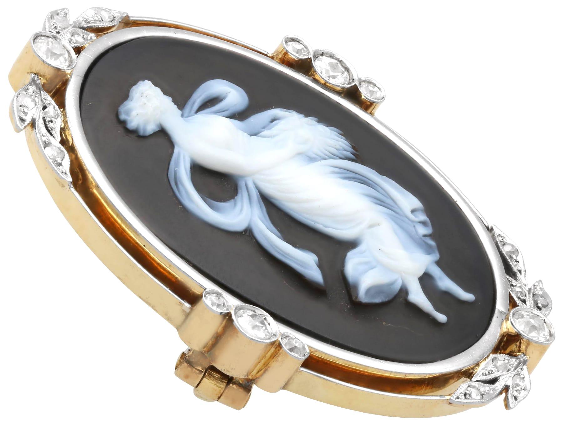 Women's or Men's Hardstone and 0.78 Carat Diamond, 18k Yellow Gold Black Cameo Brooch Circa 1880 For Sale