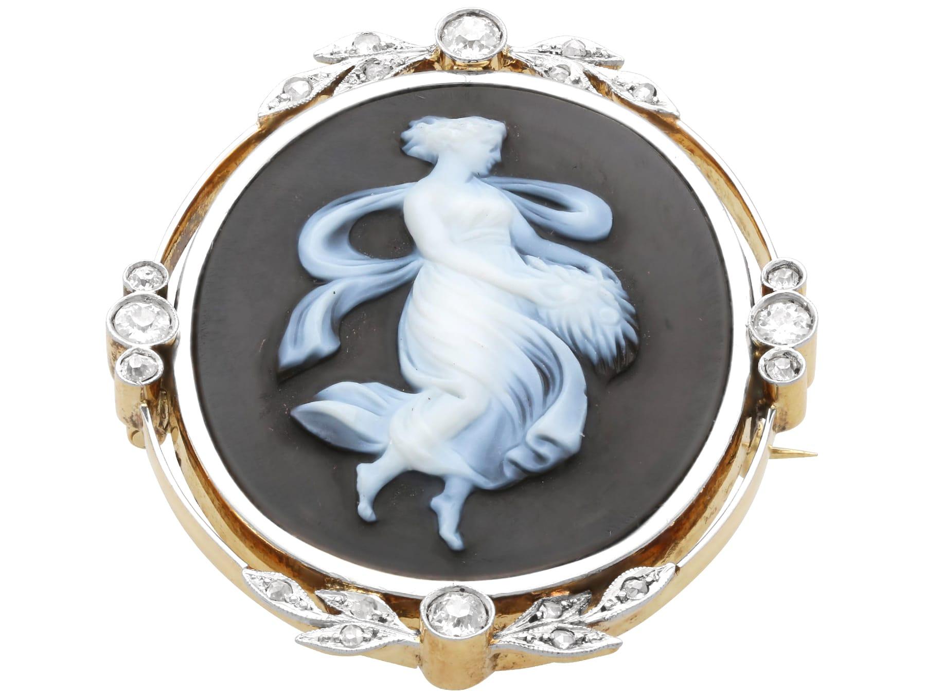 Hardstone and 0.78 Carat Diamond, 18k Yellow Gold Black Cameo Brooch Circa 1880 For Sale 1