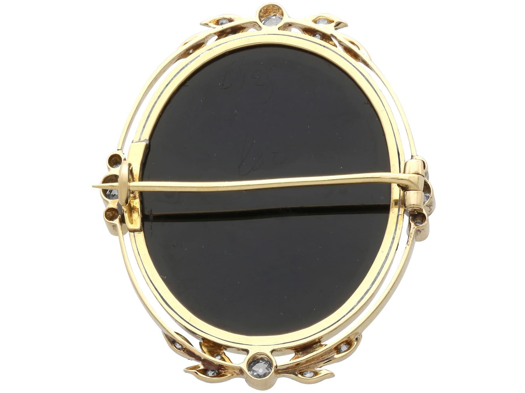 Hardstone and 0.78 Carat Diamond, 18k Yellow Gold Black Cameo Brooch Circa 1880 For Sale 2