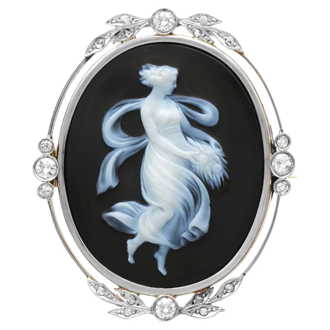 Hardstone and 0.78 Carat Diamond, 18k Yellow Gold Black Cameo Brooch Circa 1880 For Sale