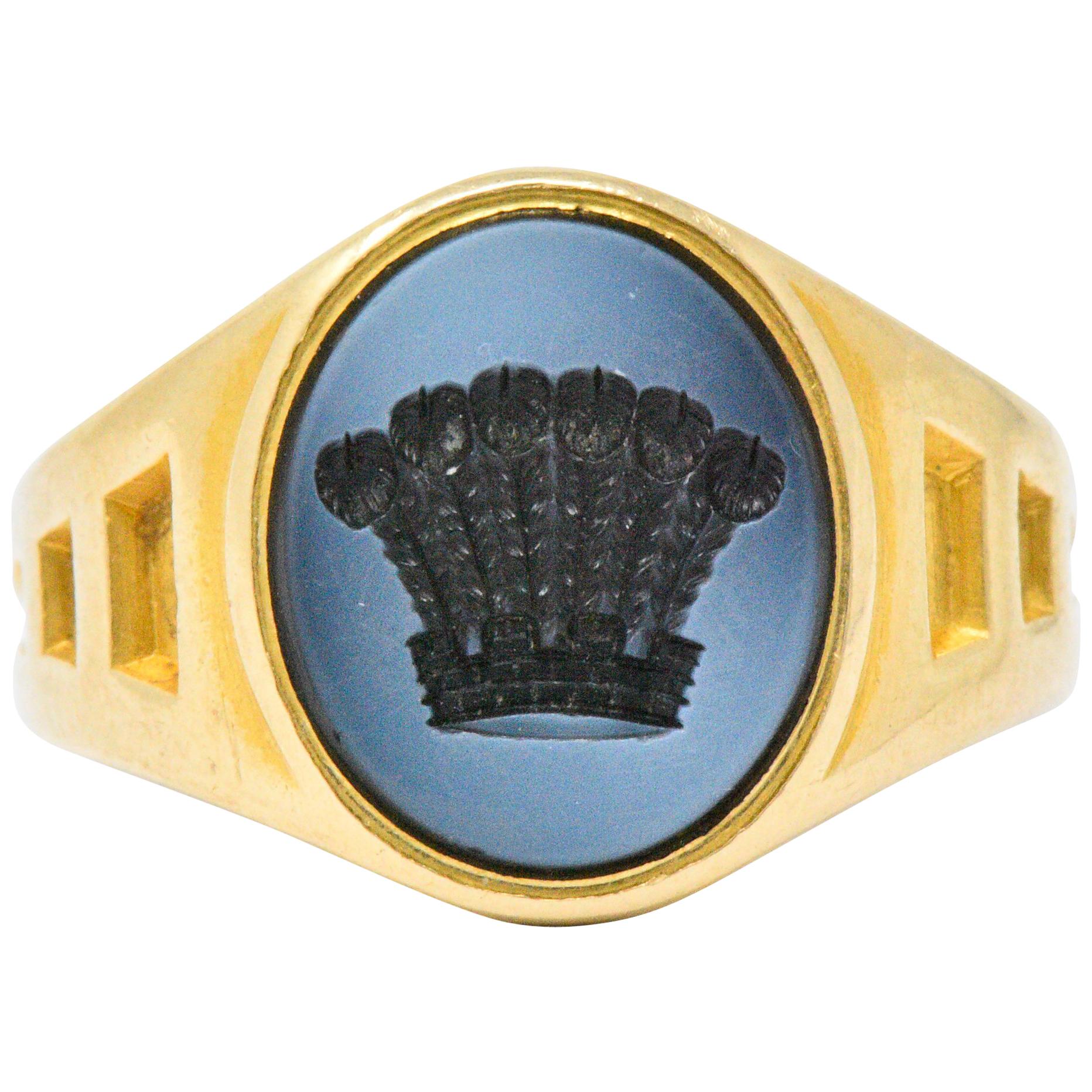 Hardstone and 18 Karat Gold Intaglio Crown Signet Ring