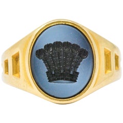 Retro Hardstone and 18 Karat Gold Intaglio Crown Signet Ring