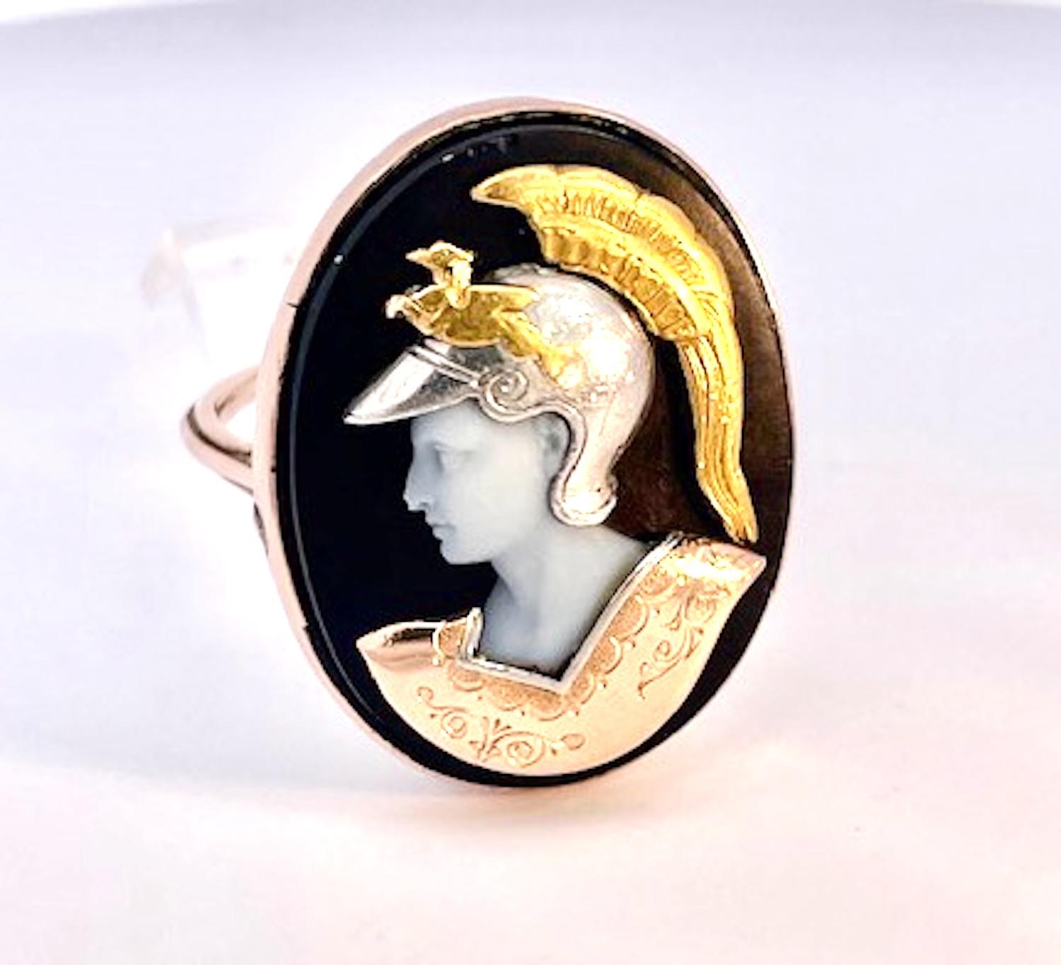 This hardstone Cameo Habille ring is from the 1960's, it features a Sardonyx Cameo depicting Althena.  This Cameo is called Habille, the french name for 
