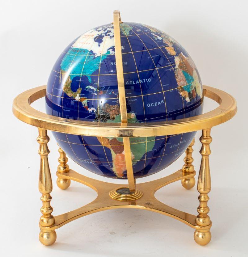 Hardstone Marquetry Specimen Globe on Brass Stand In Good Condition For Sale In New York, NY
