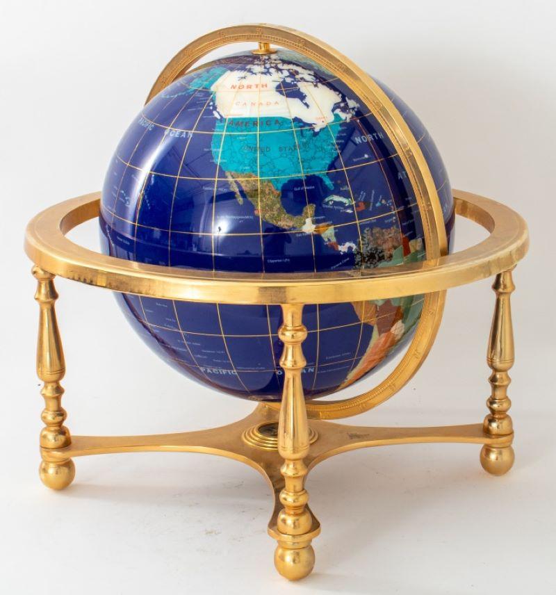 20th Century Hardstone Marquetry Specimen Globe on Brass Stand For Sale