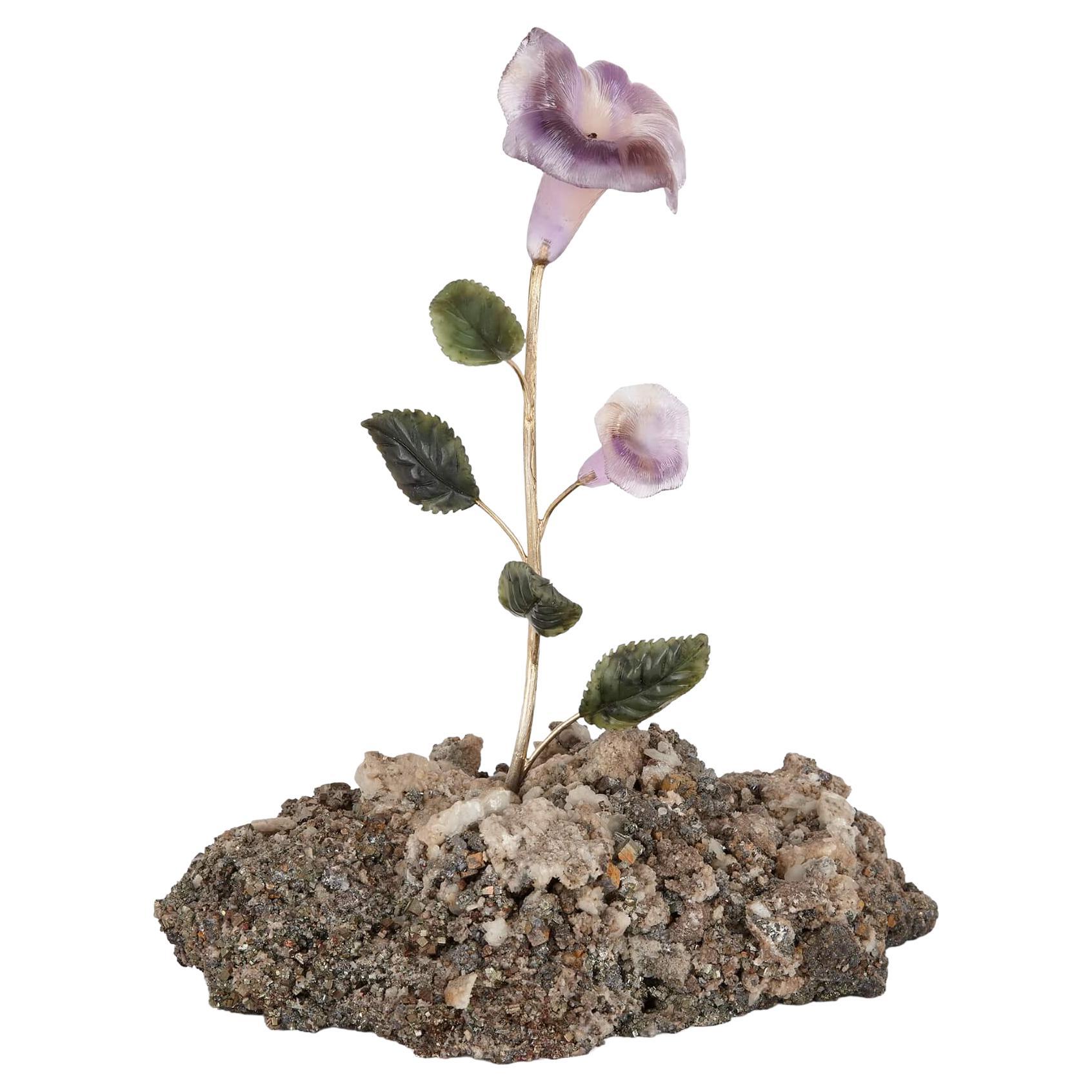 Hardstone, Quartz, Amethyst, Nephrite and Silver-Gilt Flower Model For Sale