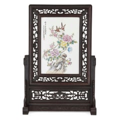 Hardwood and Painted Porcelain Chinese Screen
