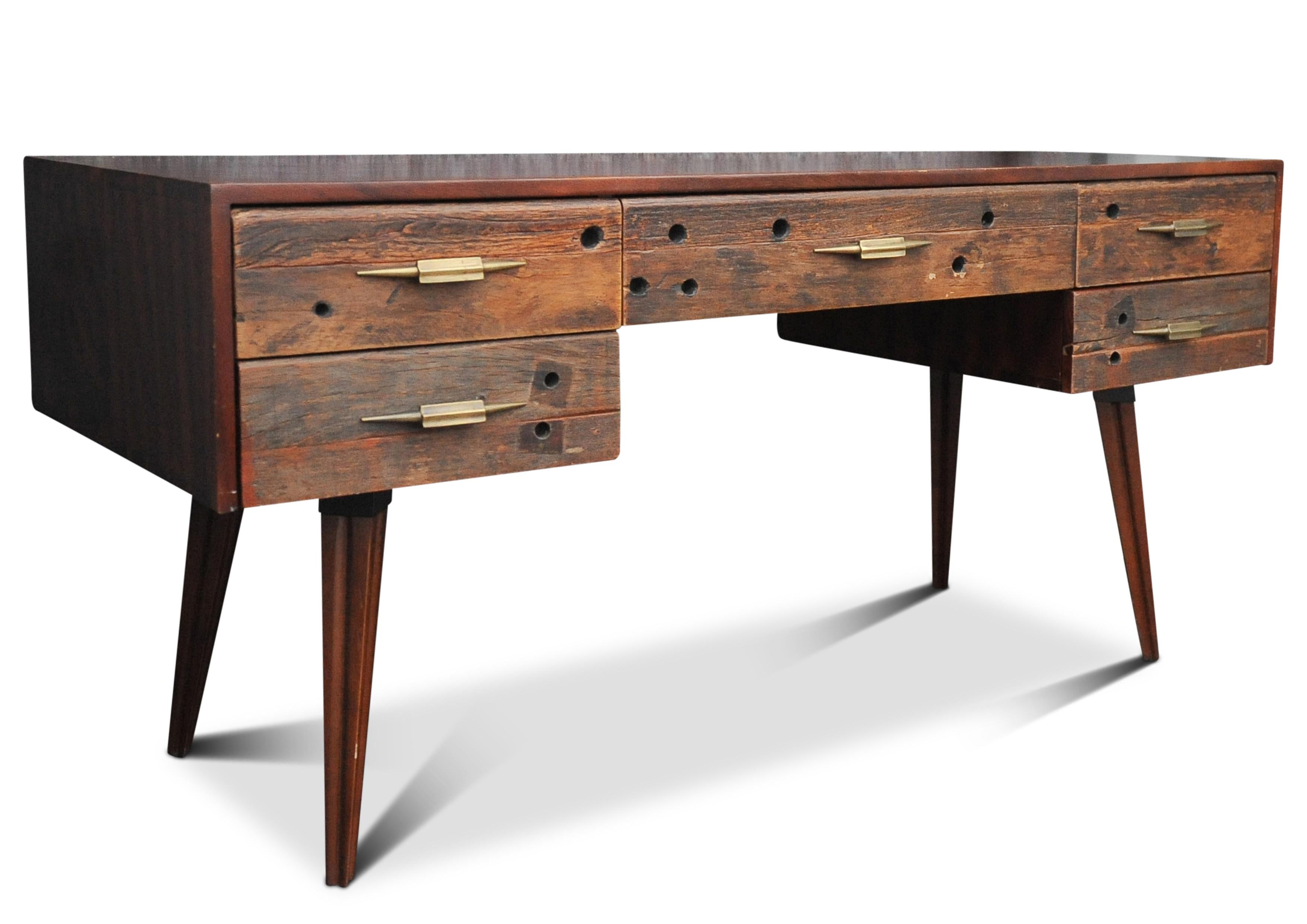 Hardwood and Reclaimed Timber Desk Befit with Five Drawers & Gilded Handles In Good Condition For Sale In Reading, Berkshire