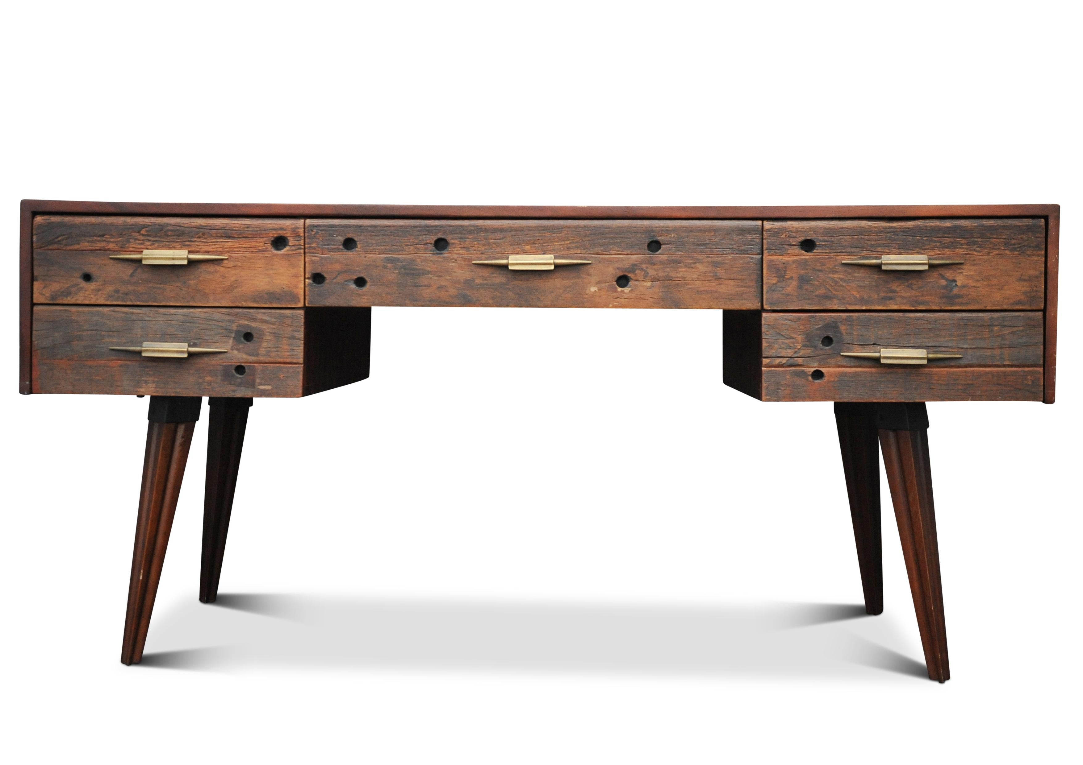 British Hardwood and Reclaimed Timber Desk Befit with Five Drawers & Gilded Handles For Sale